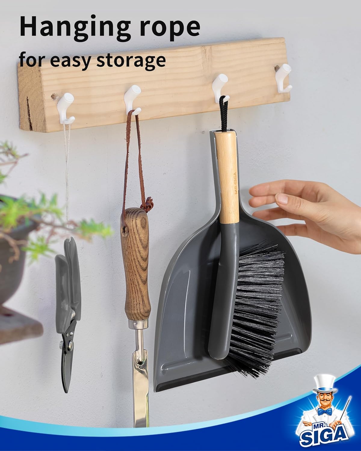 MR.SIGA Dustpan and Brush Set, Portable Cleaning Brush and Dustpan Combo with Bamboo Handle, Gray