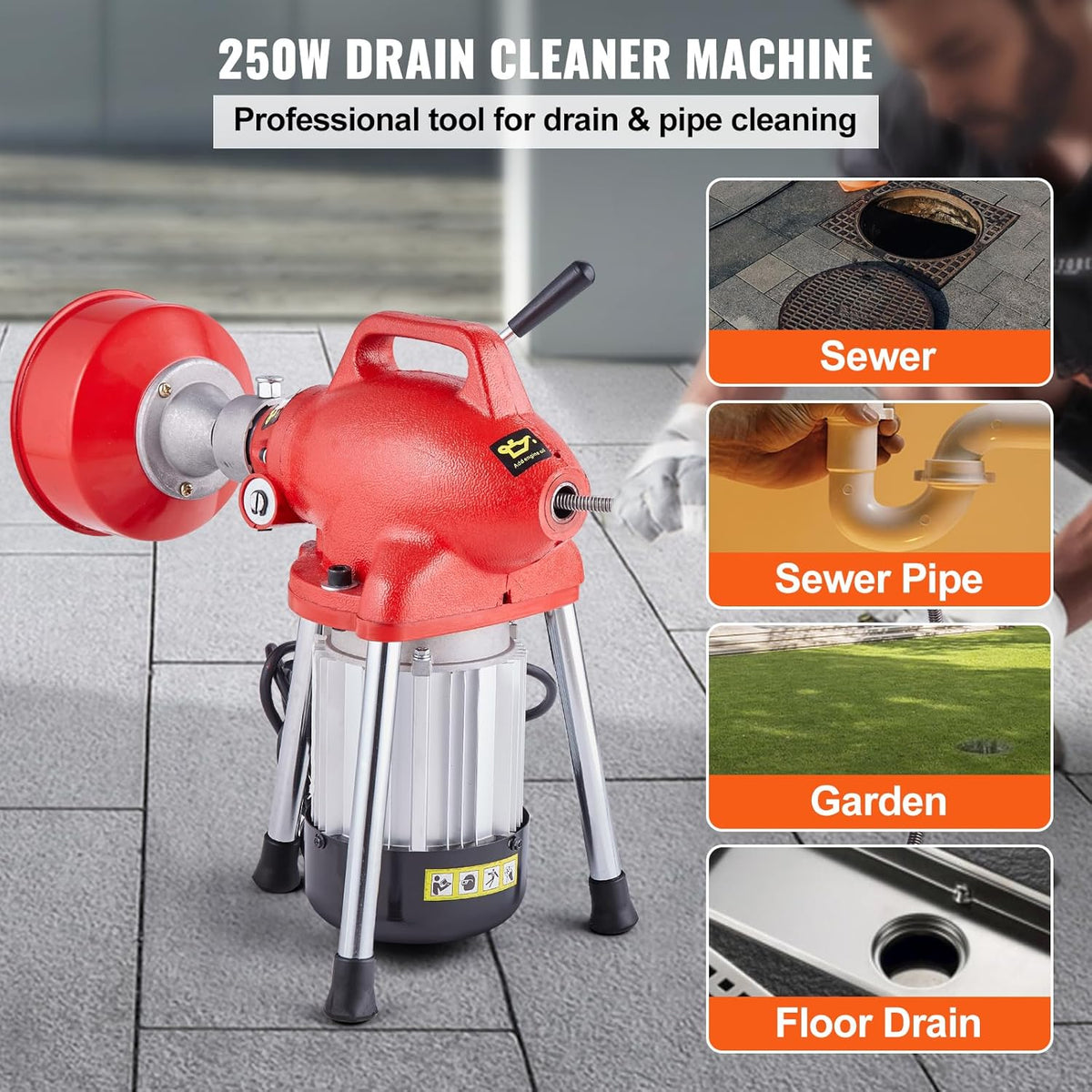 VEVOR Drain Cleaner Machine 66FT x 5/8 Inch, 250W Electric Sewer Snake Auger with 2 Sectional Steel