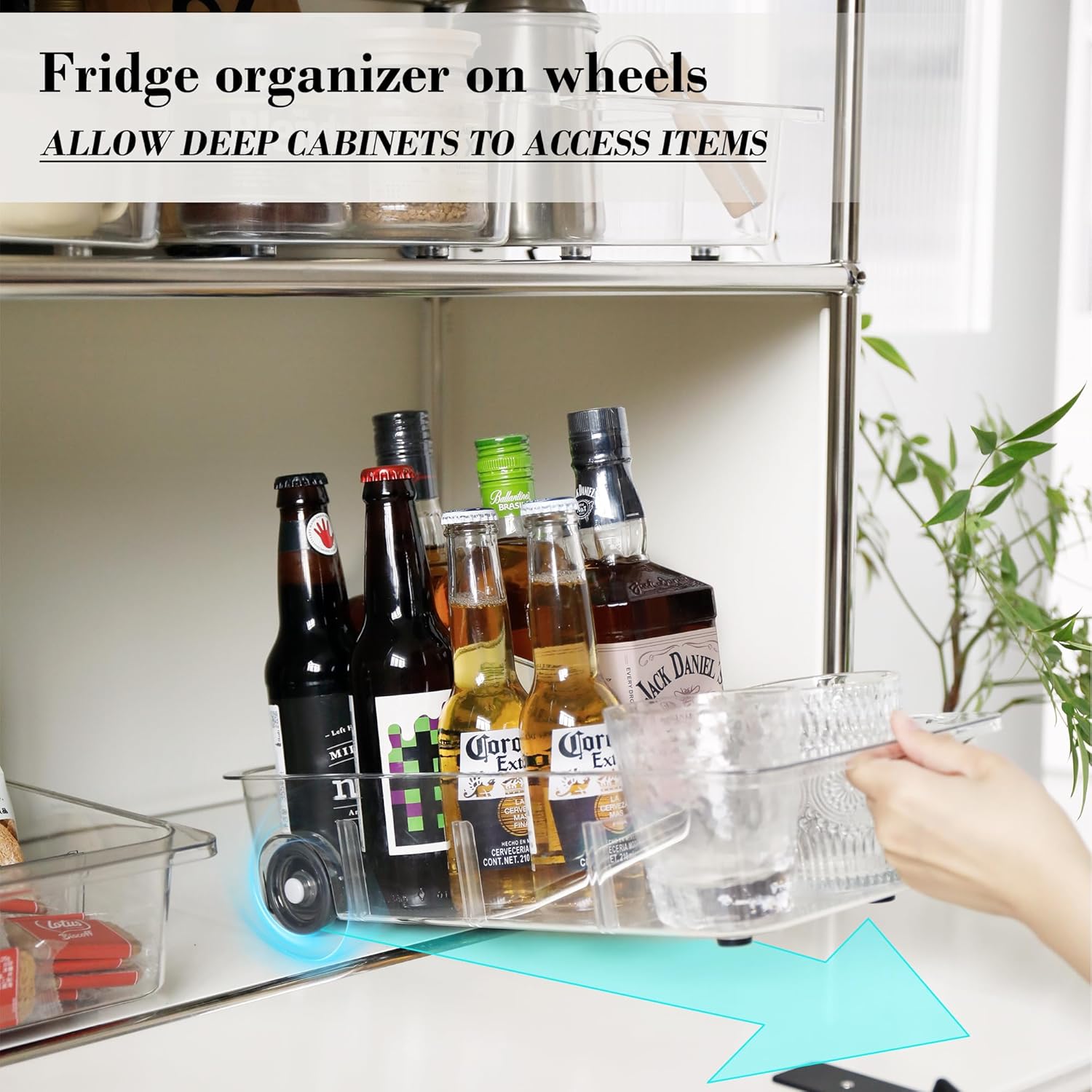 Fridge Organizer Bins With Wheels, 3 Pack Roll Out Refrigerator Organizers And Storage Refrigerator