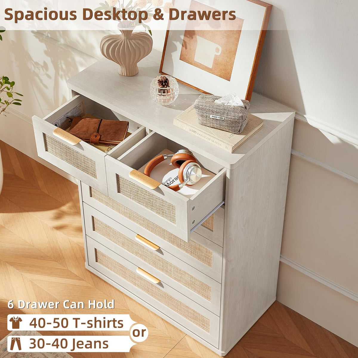 LEYAOYAO White Dresser for Bedroom, 42" Tall Chest of Drawers, Modern 6 Drawers Boho Rattan