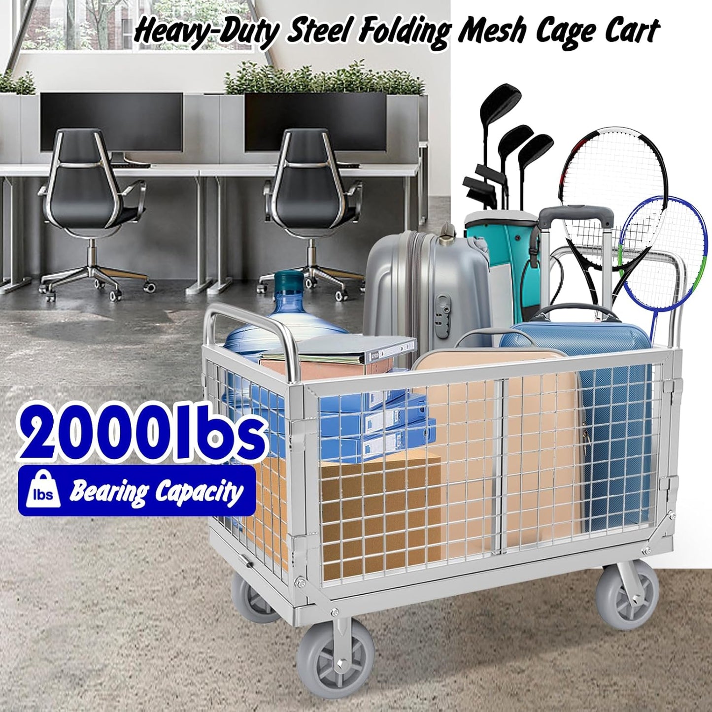 Platform Truck with Cage, 6 in1 Foldable Heavy Duty Steel Flatbed Cart, Large Utility Cart