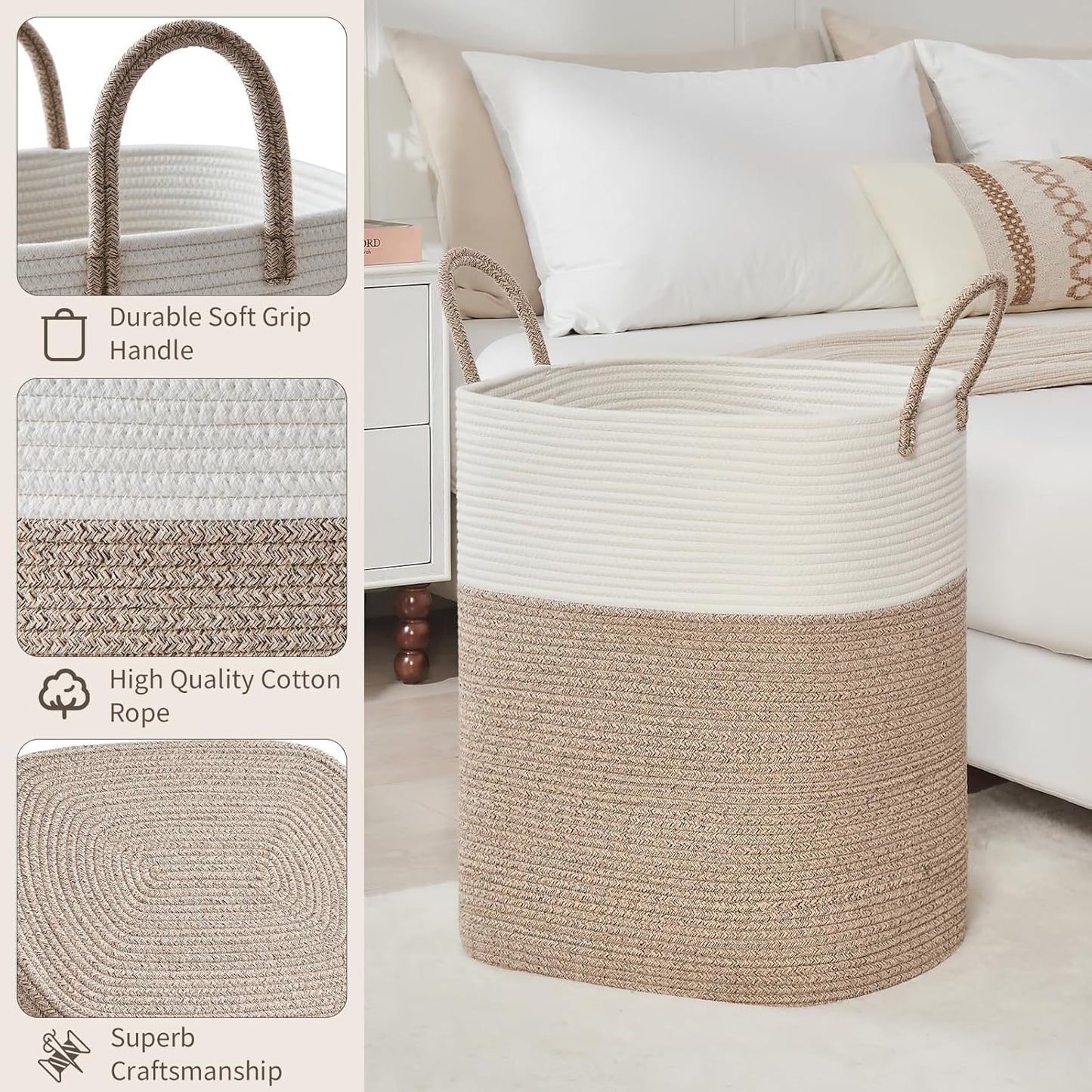 Laundry Basket with Handles - Blanket Basket & Hampers for Bedroom Aesthetic, Laundry Hamper &