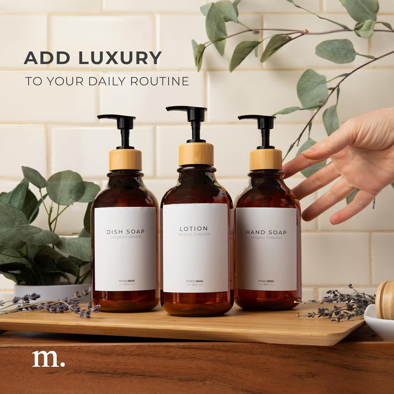MaisoNovo Refillable Shampoo and Conditioner Bottles | 16.9 fl oz Set of 3 Amber Plastic Bottles