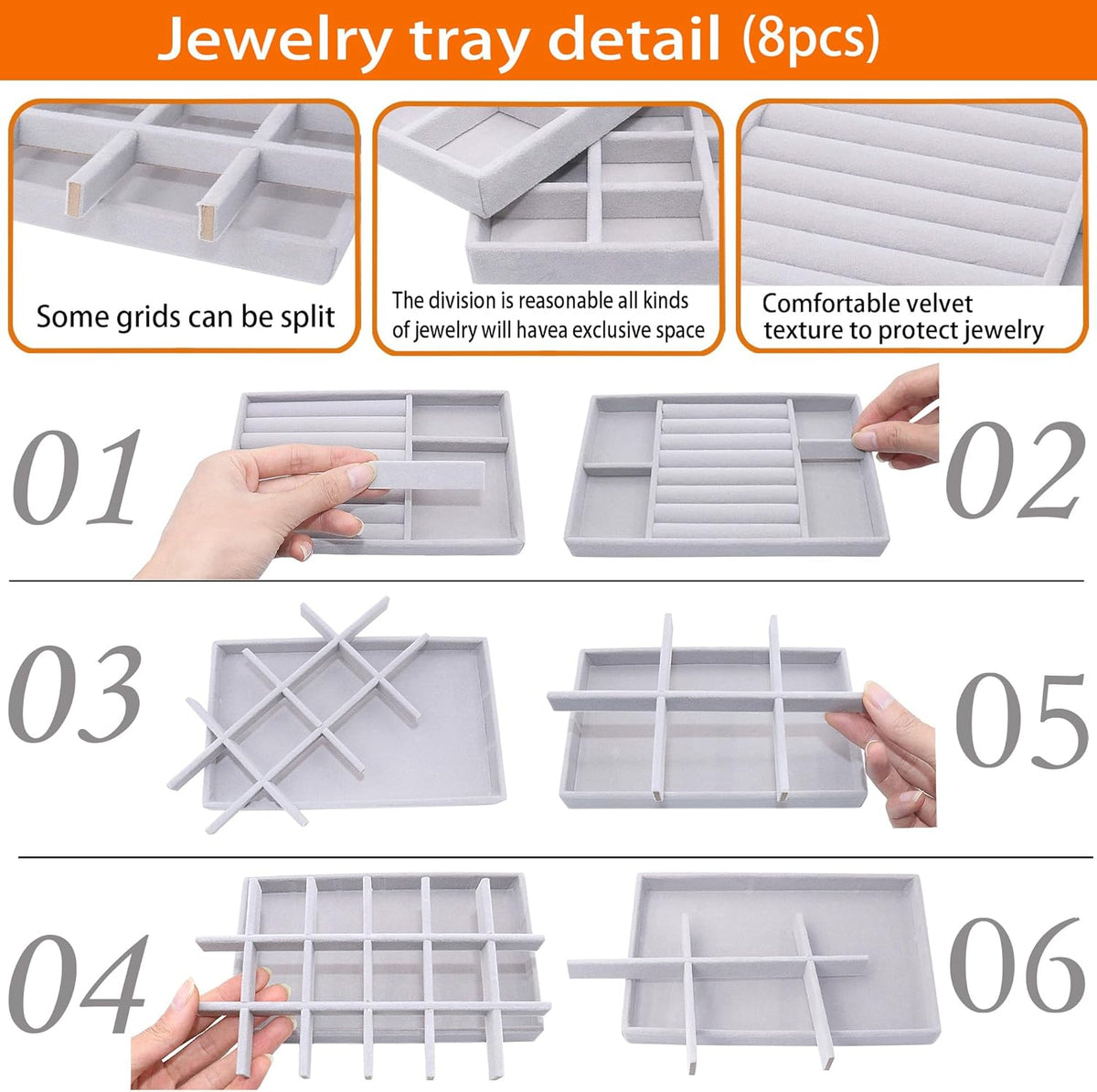 Jewelry Storage 8PACK, Velvet Jewelry Organizer Trays, 4PCS Stackable Jewelry Tray for Drawers