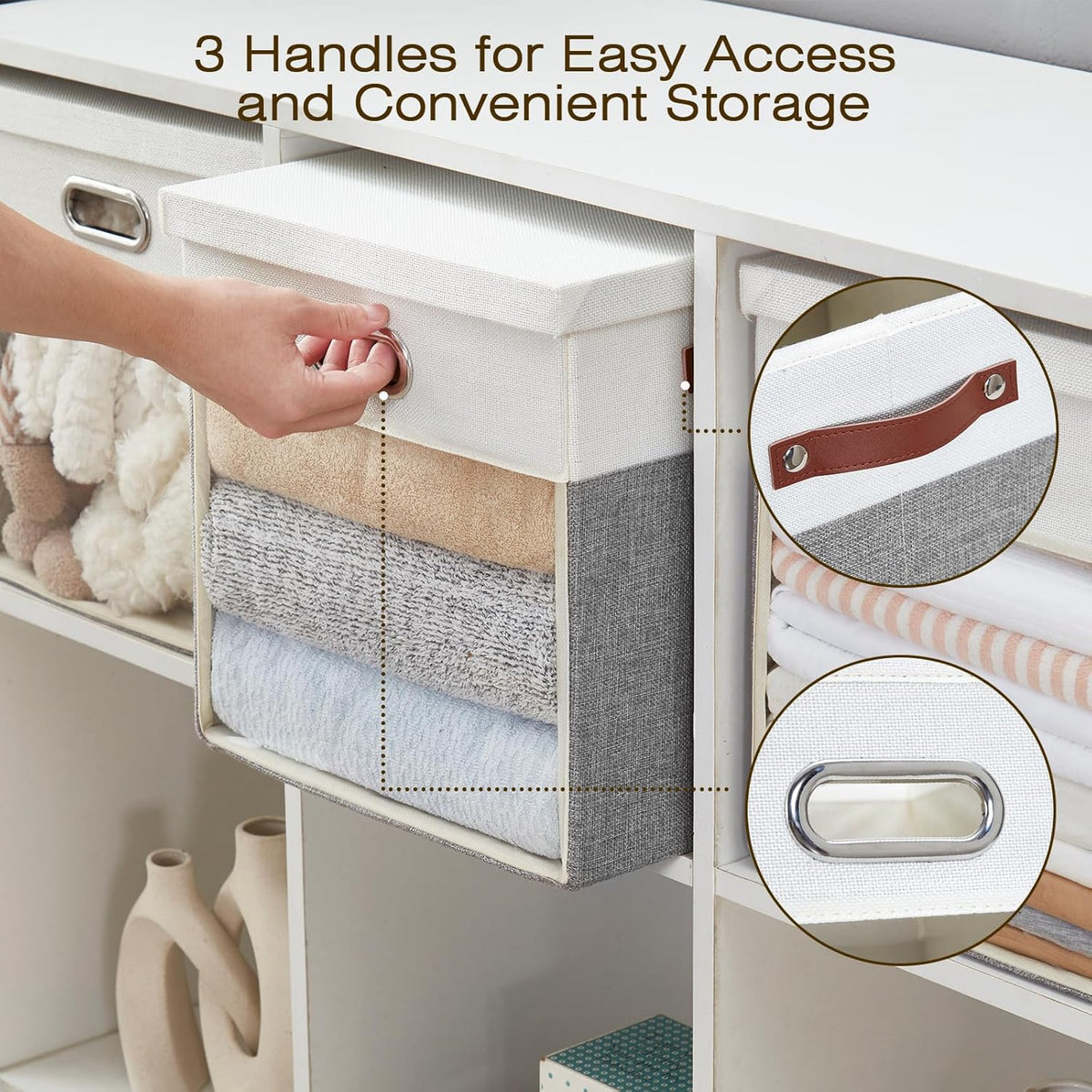 Fabric Storage Cubes with Clear Windows and Lids, 13'' Foldable Storage Bins with 3 Handles