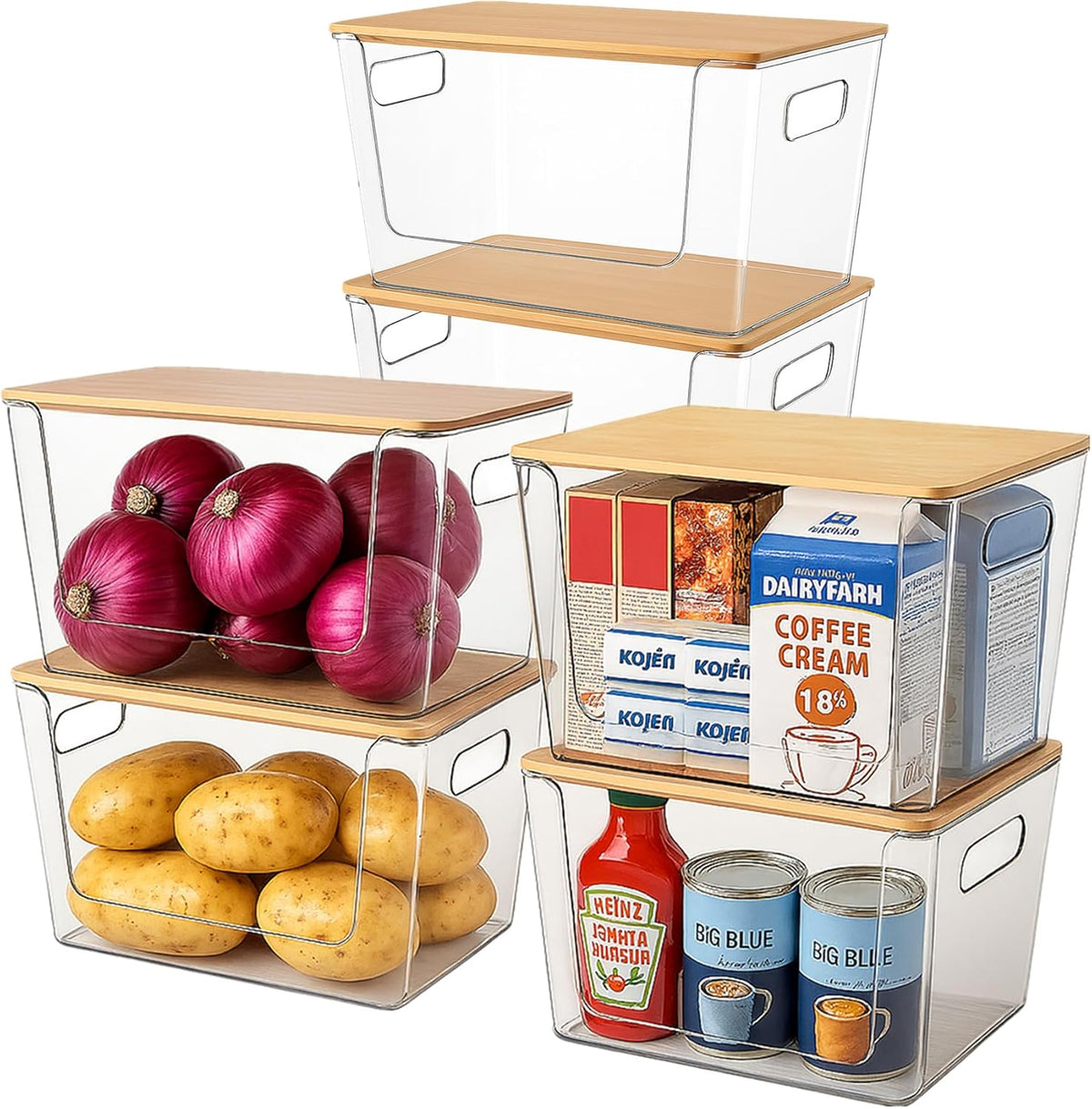 6 Pack Clear Stackable Storage Bins with Bamboo Lids, Plastic Storage Containers with Handle for