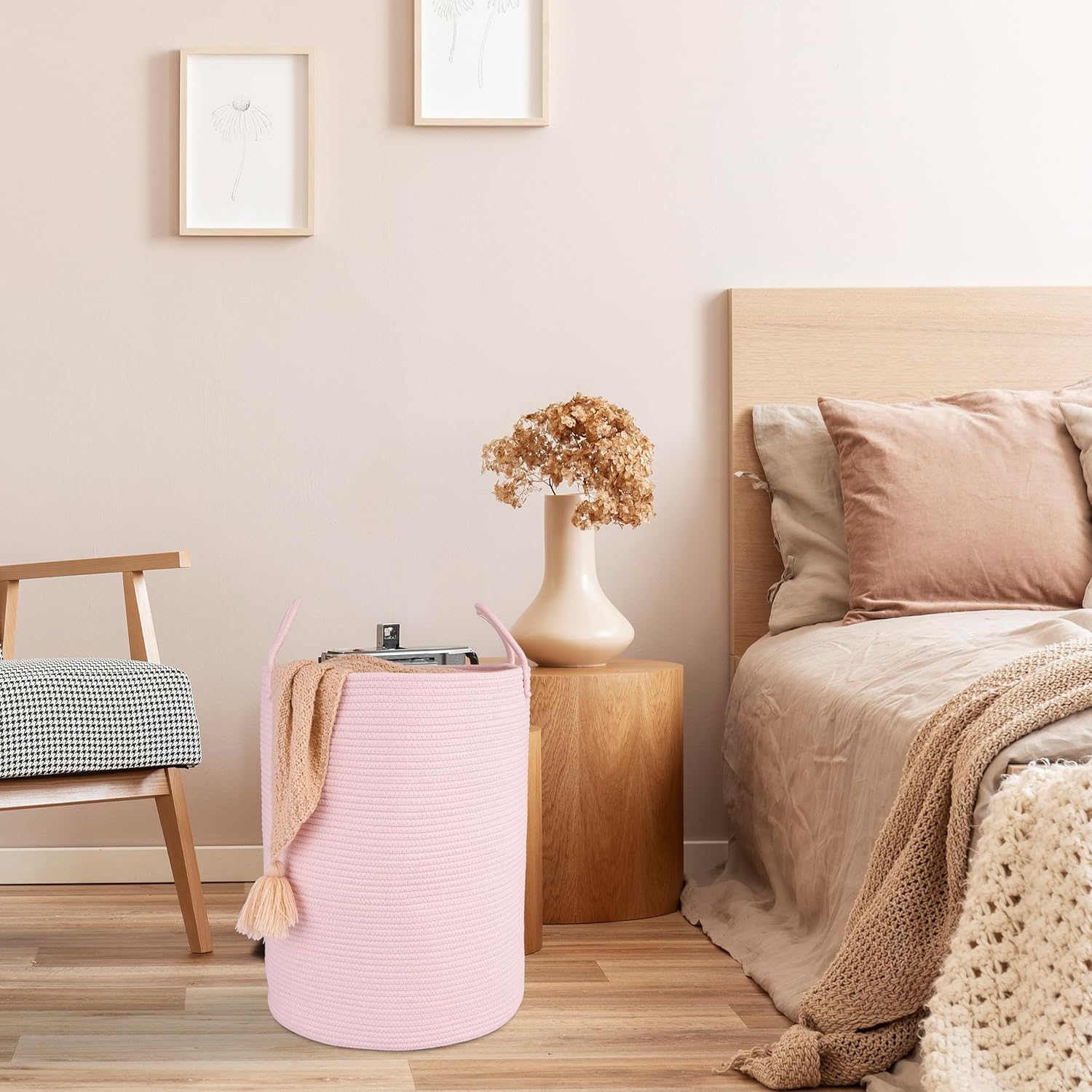 Cotton Rope Laundry Basket Hamper for Clothes Woven Storage Basket for Living Room Bedroom Boho