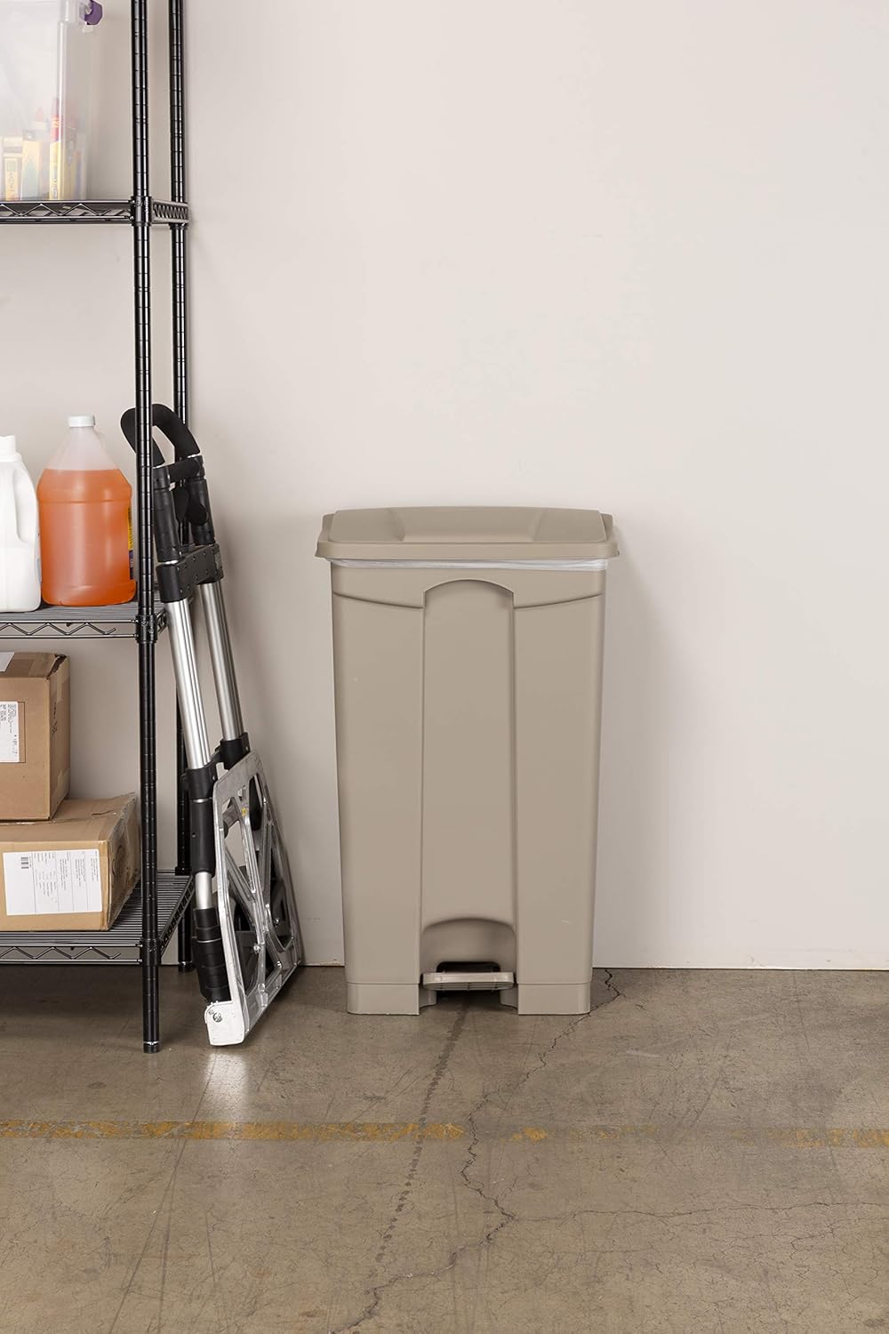 Safco Step On Plastic Trash Can with Foot Pedal, 17 Gallon Garbage Can for Kitchen, Indoor or