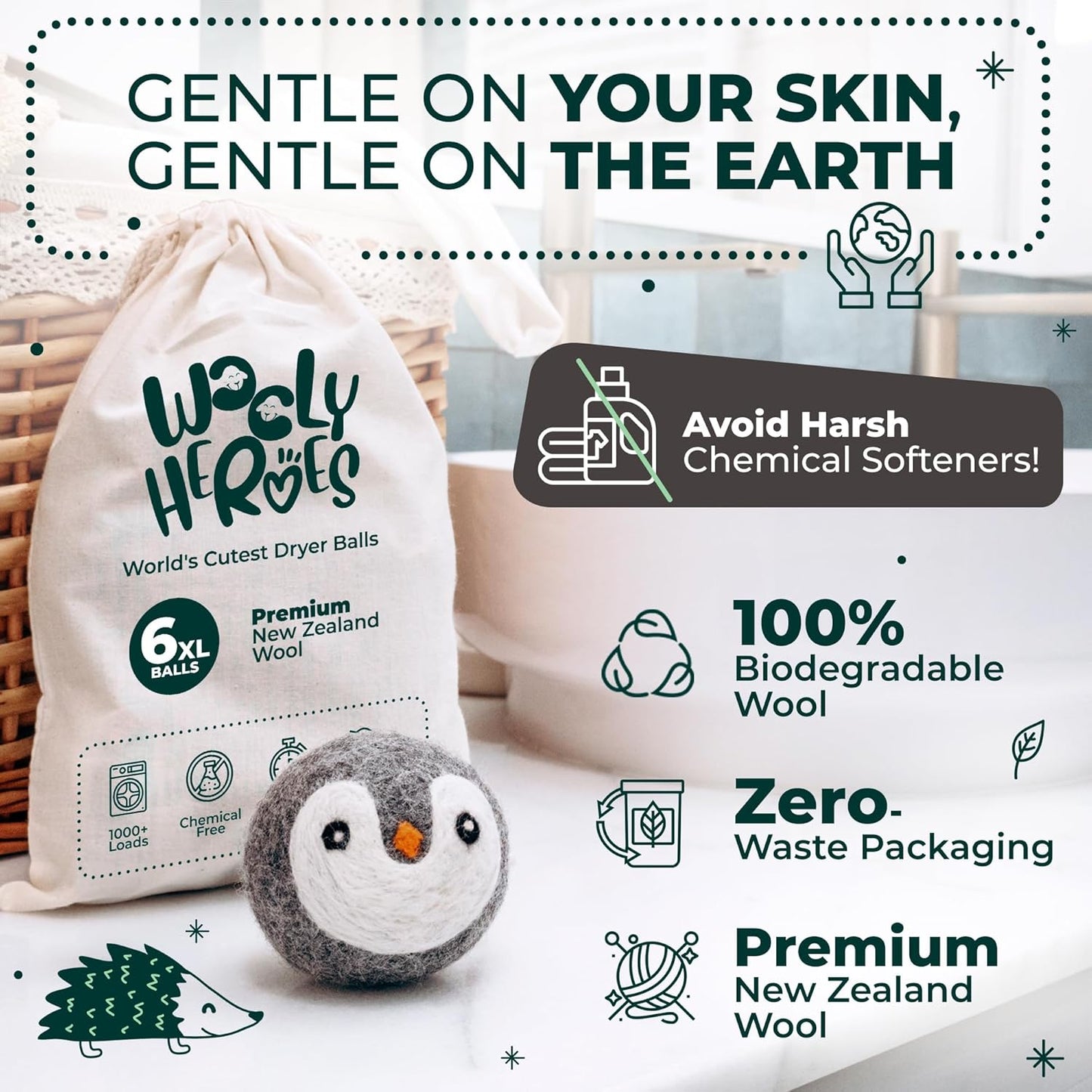 No More Dryer Sheets! Reusable Wool Dryer Balls XL 6-Pack - Reduces Static, Cuts Dry Time, &