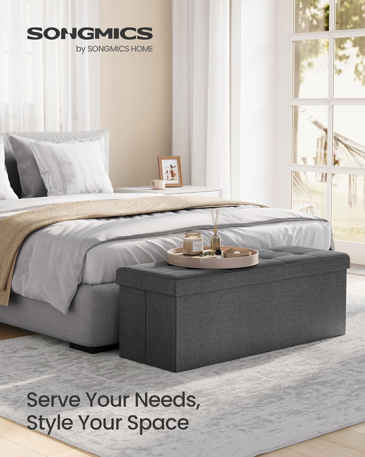 SONGMICS MAZIE Collection - 43 Inches Folding Storage Ottoman Bench, Ottoman Foot Rest, End of Bed