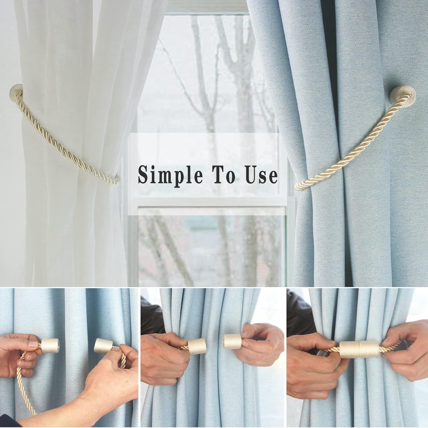 Magnetic Curtain Tiebacks 4 Pack Beige Curtain Rope Tieback Curtain Holders for Drapes Modern Tie