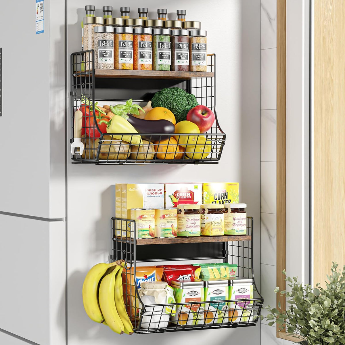 2 Pack Magnetic Shelf for Fridge with Wood Lid, Fruit Potato and Onion Storage Bins, Pantry