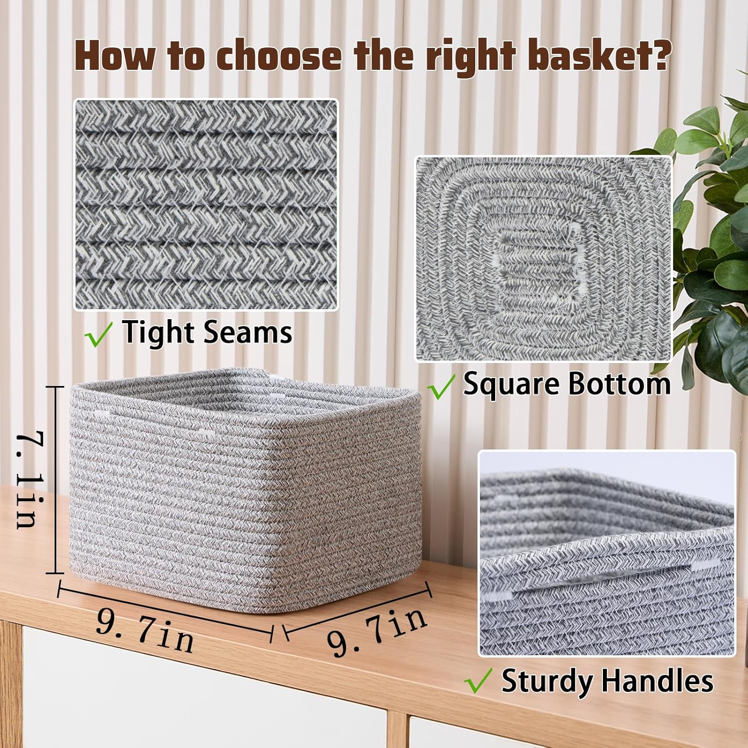 Small Organizing Baskets for Cubes Shelf, 9.7x9.7x7.1 Inch Rope Woven Storage Bins for Nursery