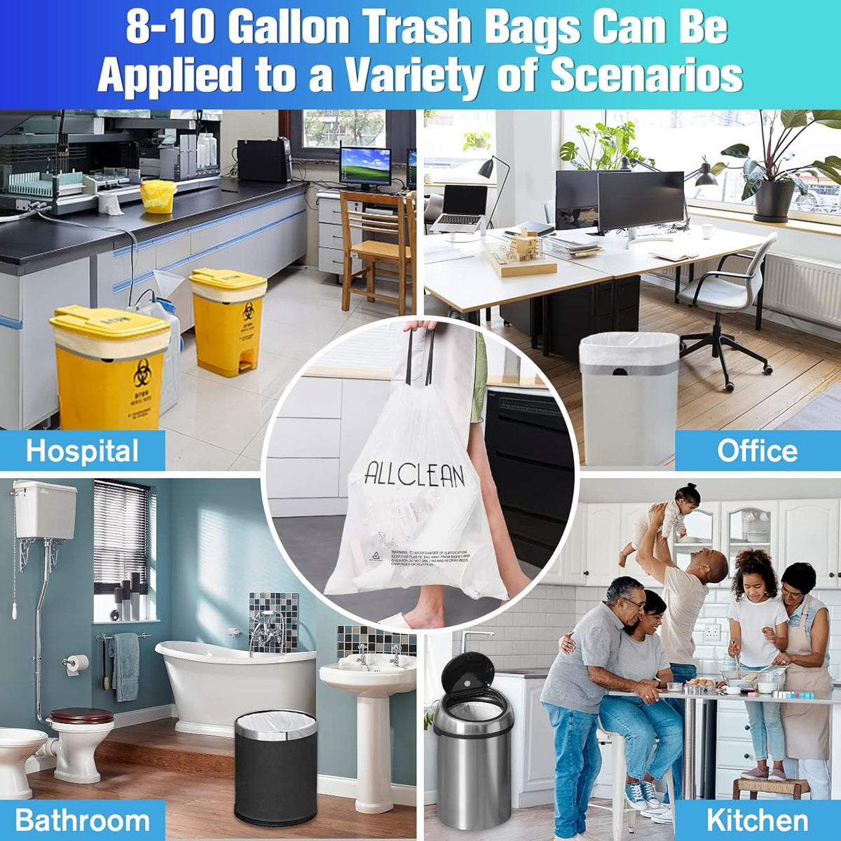 Trash Bags 10 Gallon Medium Kitchen Drawstring Bathroom Garbage Bags, Fit 8-10 Gal Bins,Extra
