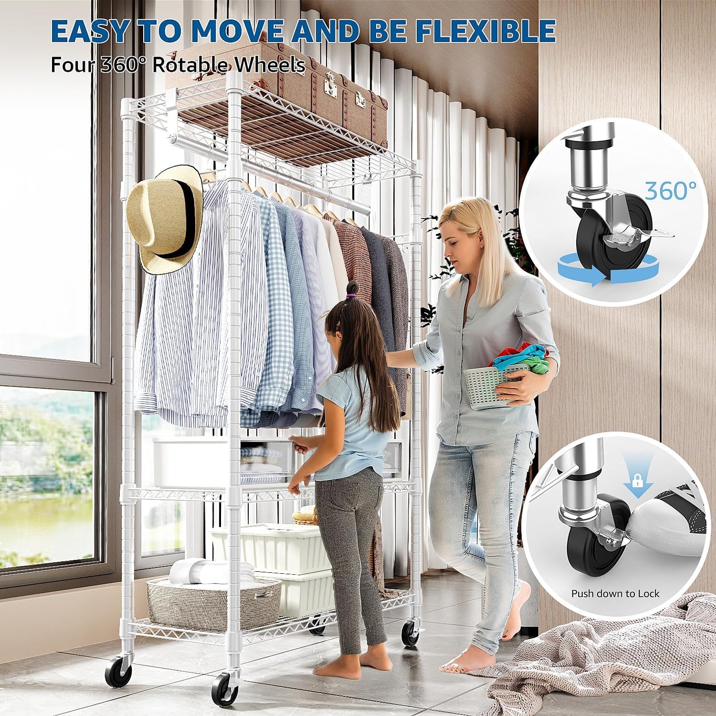 Heavy Duty Rolling Garment Rack 3 Tiers Adjustable Wire Shelving Clothes Rack with Rods and Side