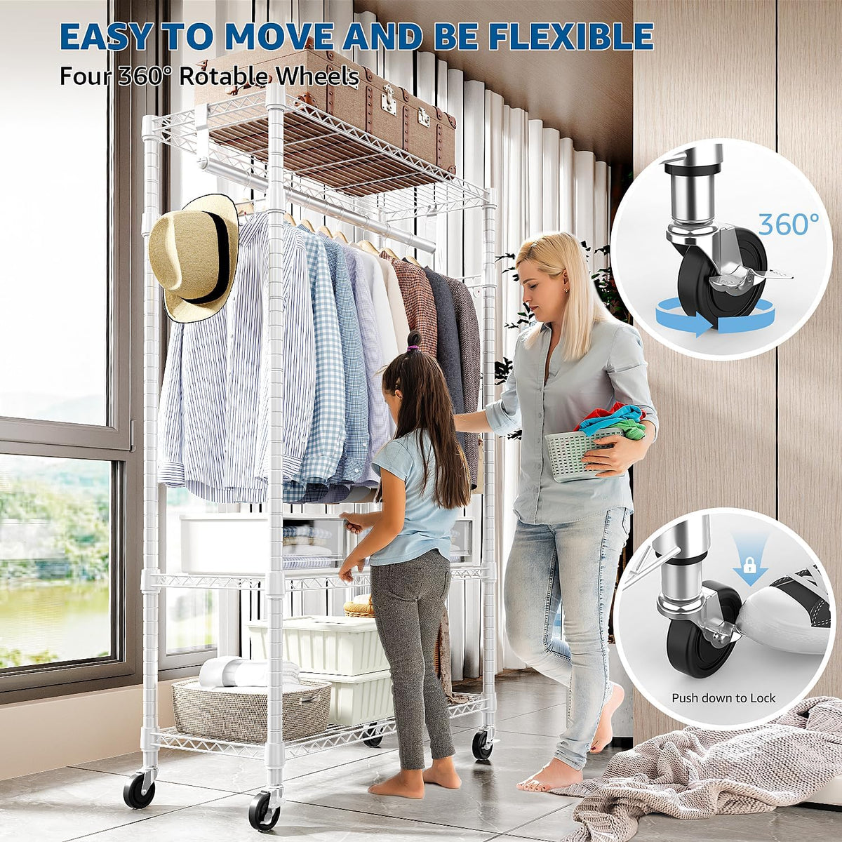 Heavy Duty Rolling Garment Rack 3 Tiers Adjustable Wire Shelving Clothes Rack with Rods and Side