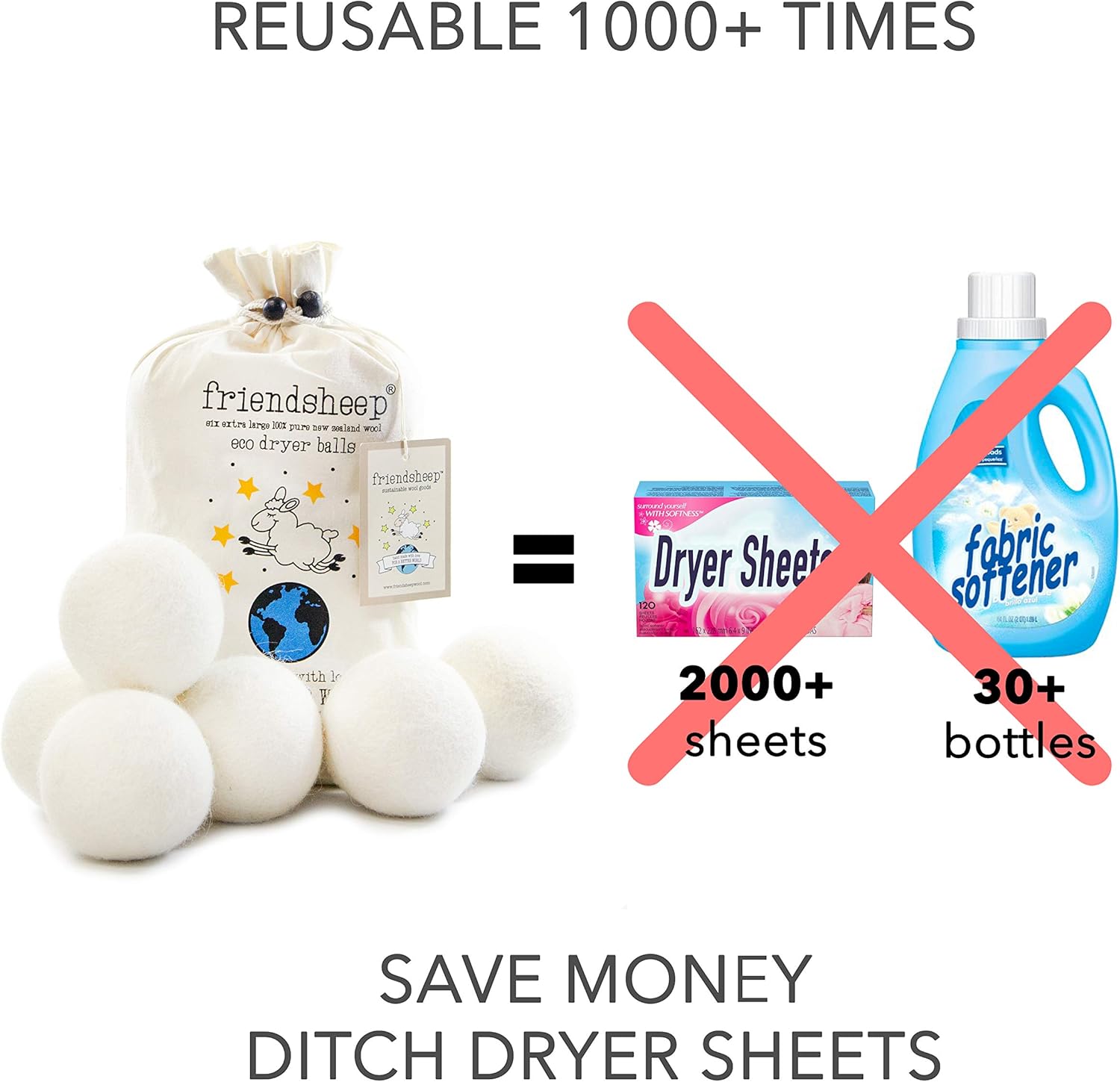 Wool Dryer Balls by Friendsheep 6 Pack XL Organic Premium Reusable Cruelty Free Handmade Fair Trade