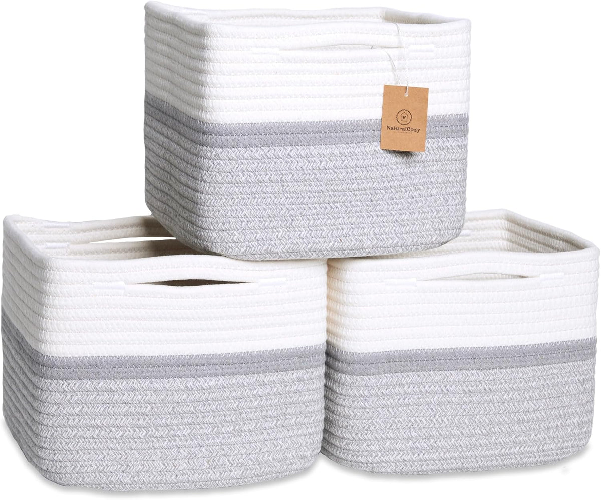 NaturalCozy Storage Cubes 9”x9”x7”Cotton Rope Woven Baskets for Organizing 3-Pack | 9 Inch Cube