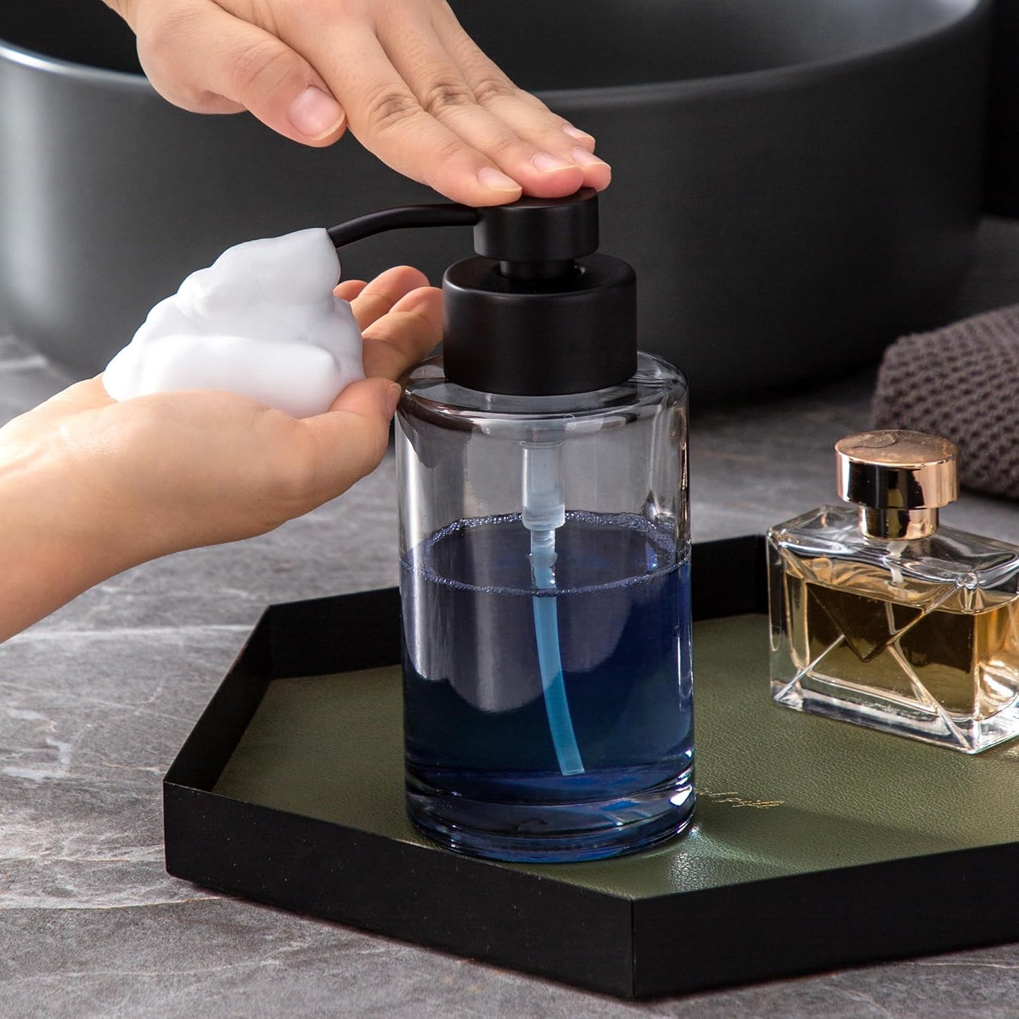 Enra Foaming Soap Dispenser, 12oz Black Thick Glass Bathroom and Kitchen Soap Dispenser with