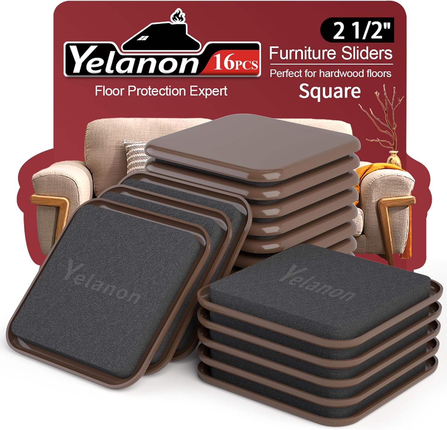 Yelanon Square Furniture Sliders – 16 PCS 2.5" Floor Protectors for Furniture - Furniture Movers