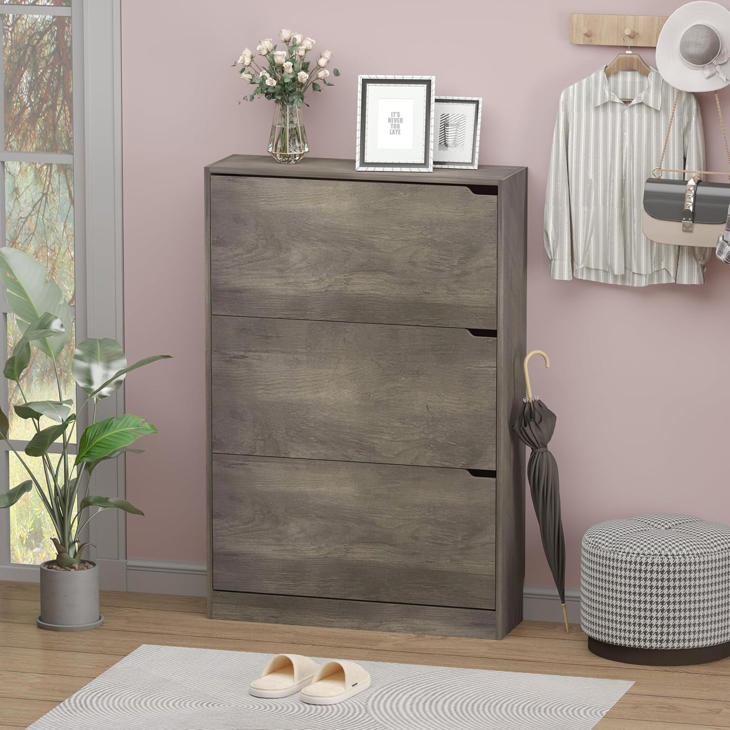 Shoe Cabinet with 3 Flip Drawers, Hidden Wood Shoe Cabinet,Freestanding Shoe Storage Cabinet for