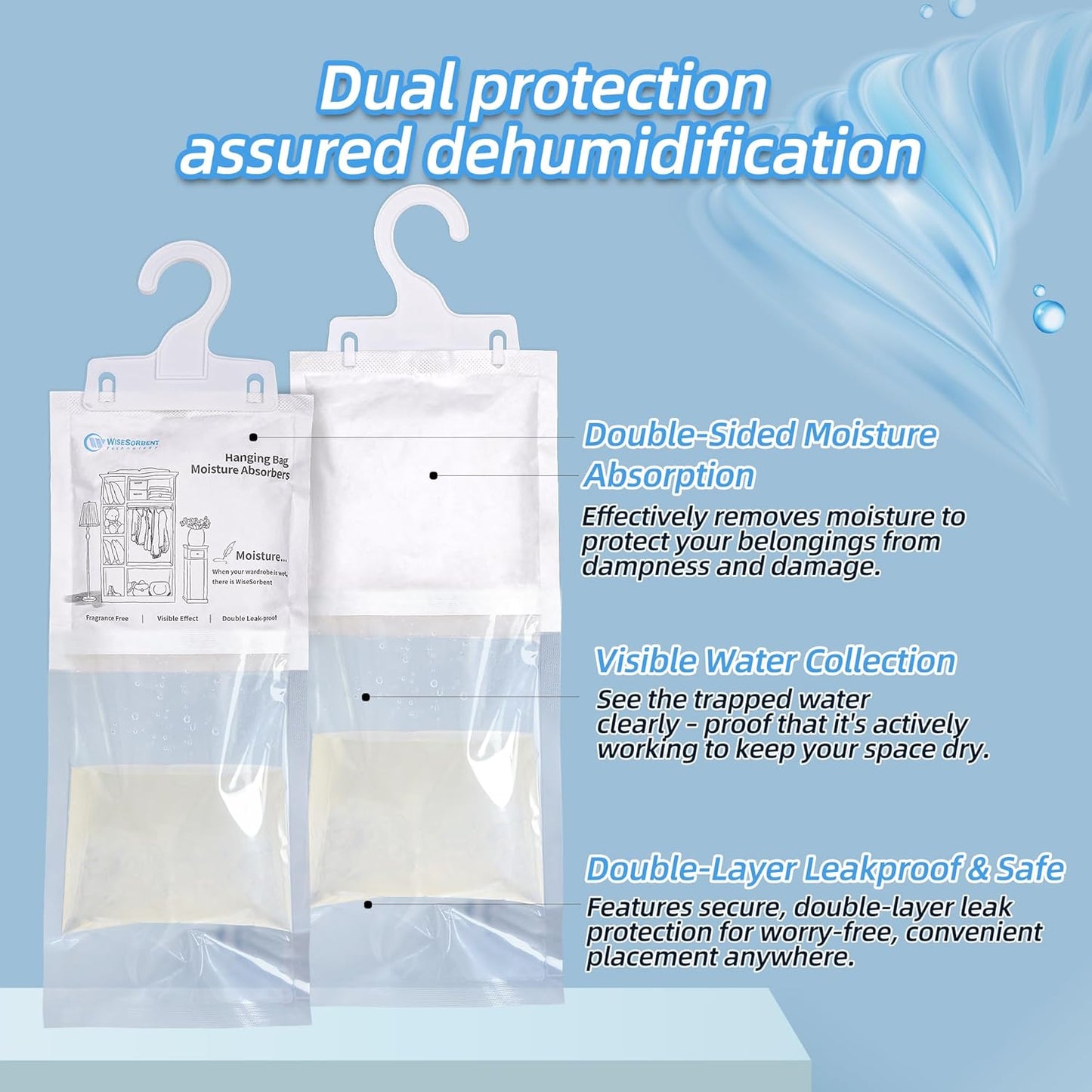 Moisture Absorber Hanging Bags 6 Pack - 7 oz Fragrance-Free Dehumidifier for Closet, Bathroom