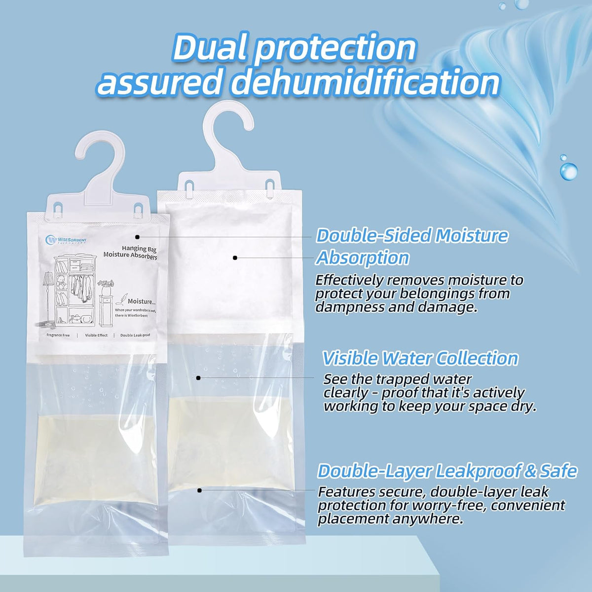 Moisture Absorber Hanging Bags 12 Pack - 7 oz Fragrance-Free Dehumidifier for Closet, Bathroom