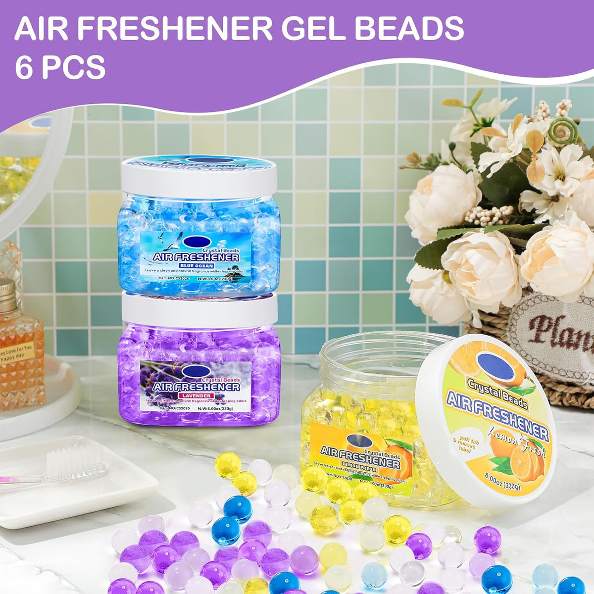 6 Pcs Air Freshener Gel Beads Bulk Odor Eliminator Beads Odor Removing Gel for Home, Bathrooms