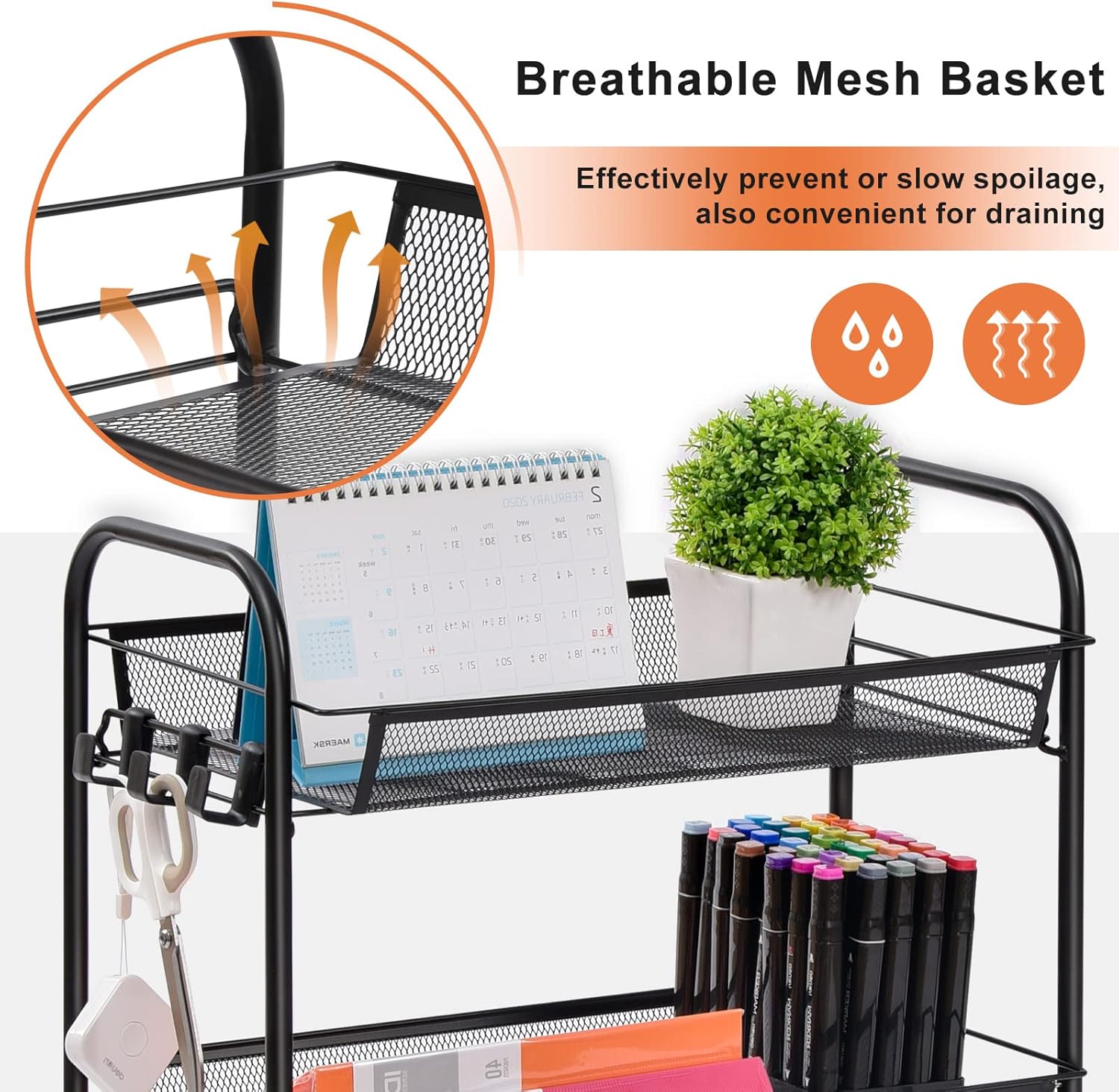 TOOLF 4-Tier Rolling Cart, Metal Utility Cart with 3 Hooks, Easy Assemble Mobile Storage Trolley On
