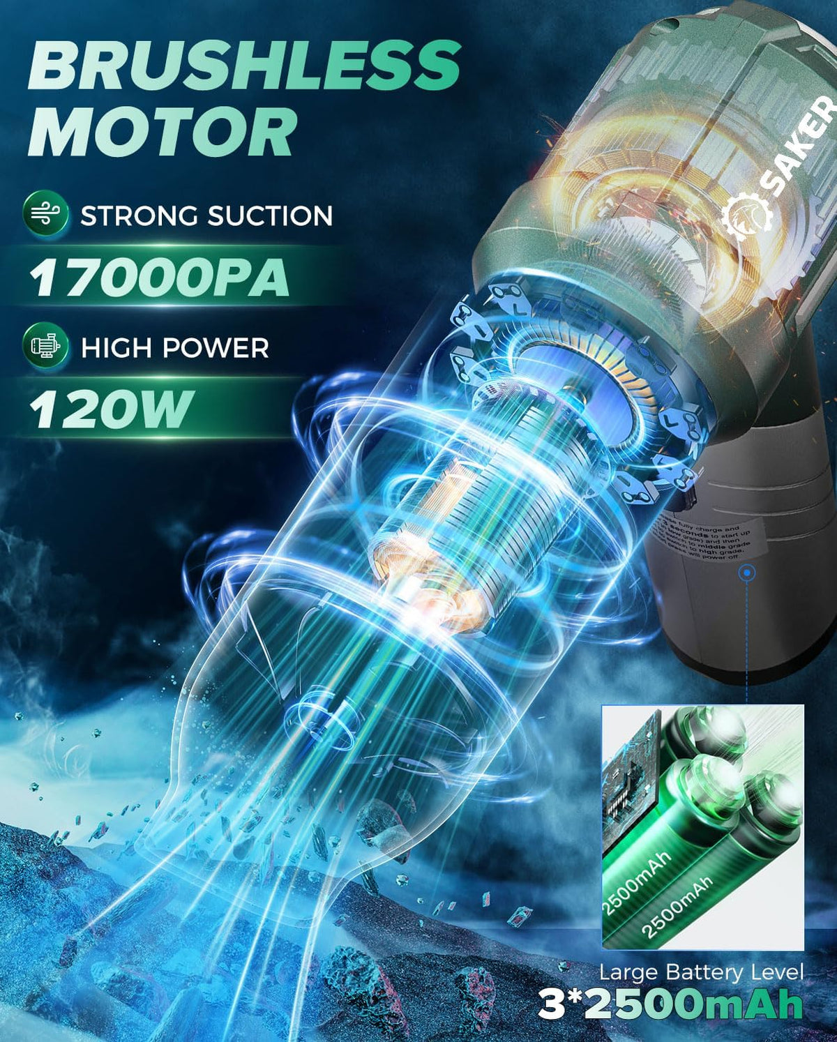 Saker Foldable Handheld Car Vacuum Cleaner Portable Cordless, 17000PA High Power Mini Vacuum