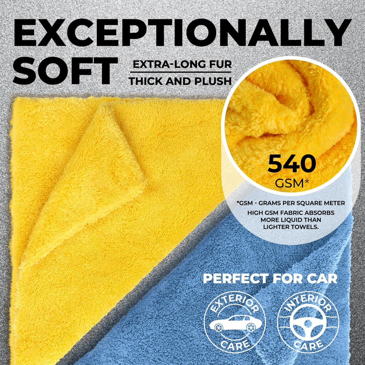 Edgeless Microfiber Towels for Cars – 6pk (12”x12”) - 540 GSM - Super Soft Detailing & Buffing