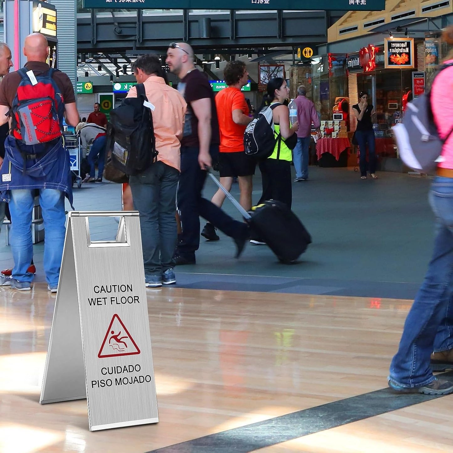Kigley 2 Pcs Wet Floor Sign, 24 Inch Stainless Steel Caution Wet Floor Sign Double Sided Portable
