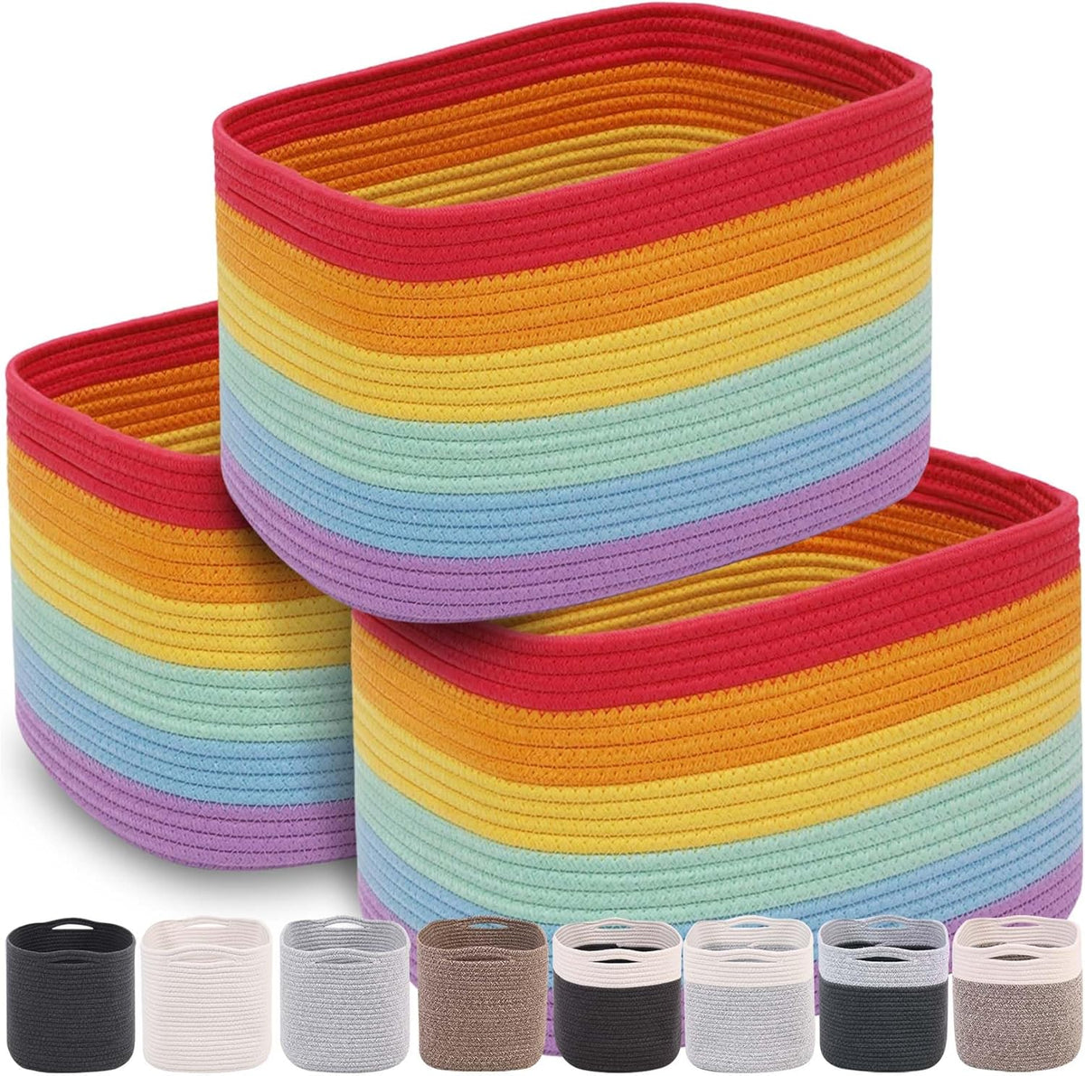 CHAT BLANC Rainbow Cotton Rope Baskets for Organizing | Storage Baskets for Shelves | Rainbow Rope