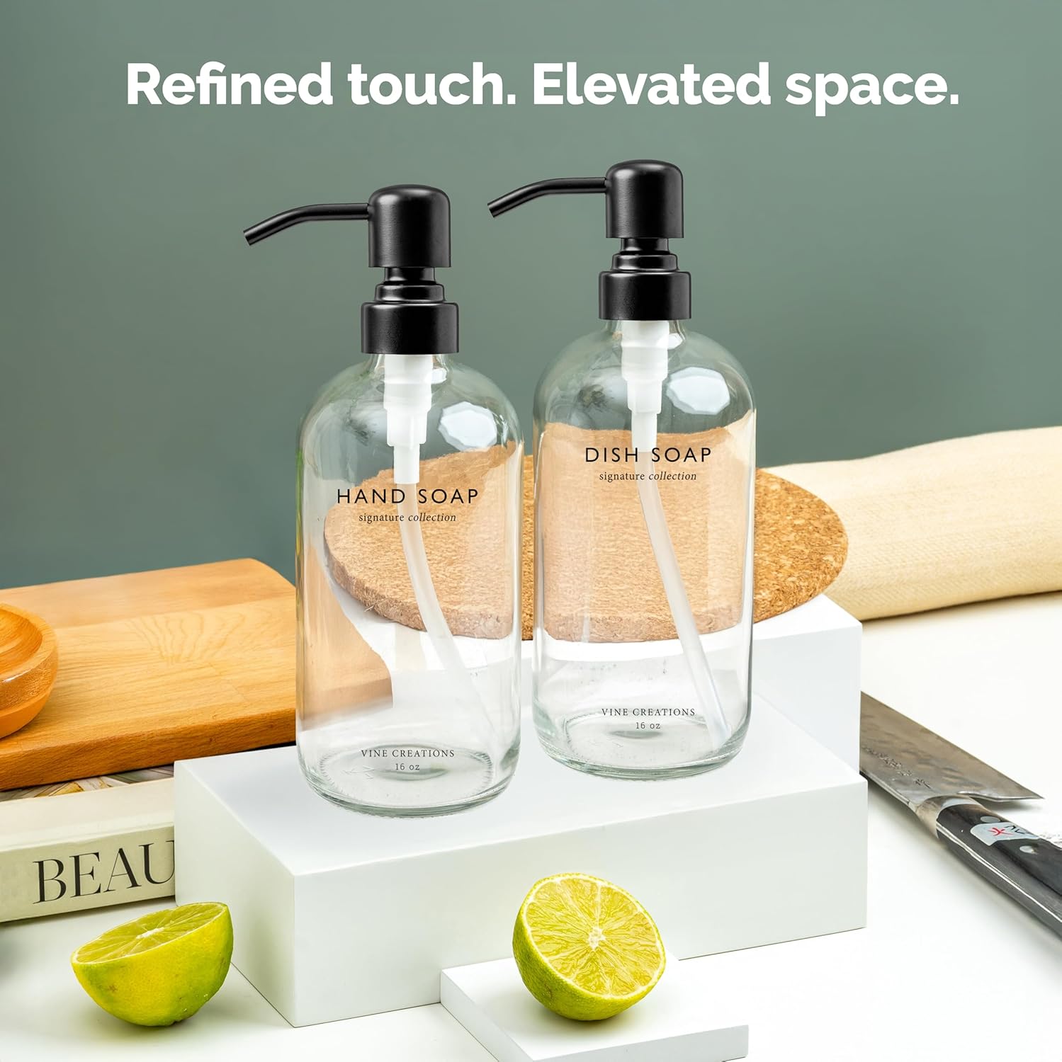 Vine Creations Clear Glass Soap Dispenser Set, Dish Soap and Hand Soap Dispenser Set with Stainless