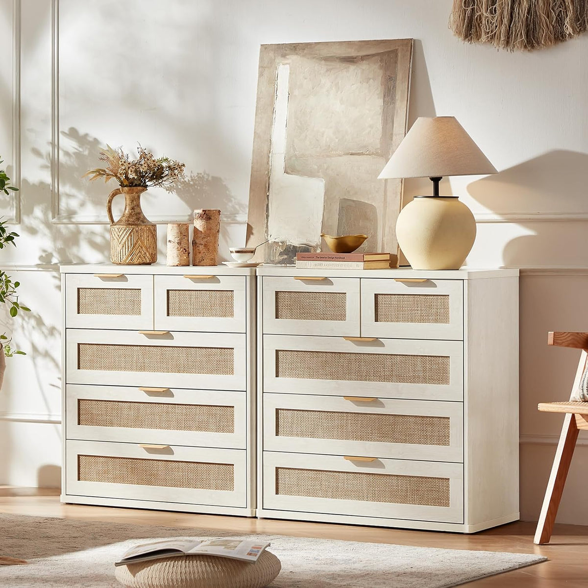 LEYAOYAO White Dresser for Bedroom, 33.5" Tall Chest of Drawers, Modern 5 Drawers Boho Rattan