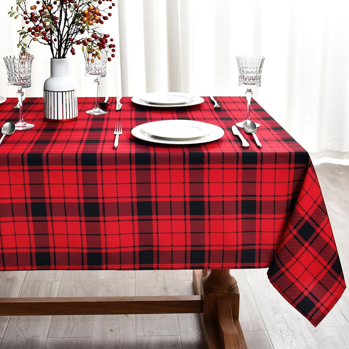 Waterproof Checkered Tablecloth Fabric - Rectangle 58x84 Inch Christmas Plaid Table Cloth for