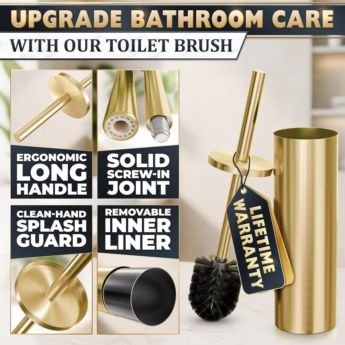 Gold Toilet Brush and Holder Set - Brushed Stainless Steel Gold Toilet Bowl Brush and Holder with