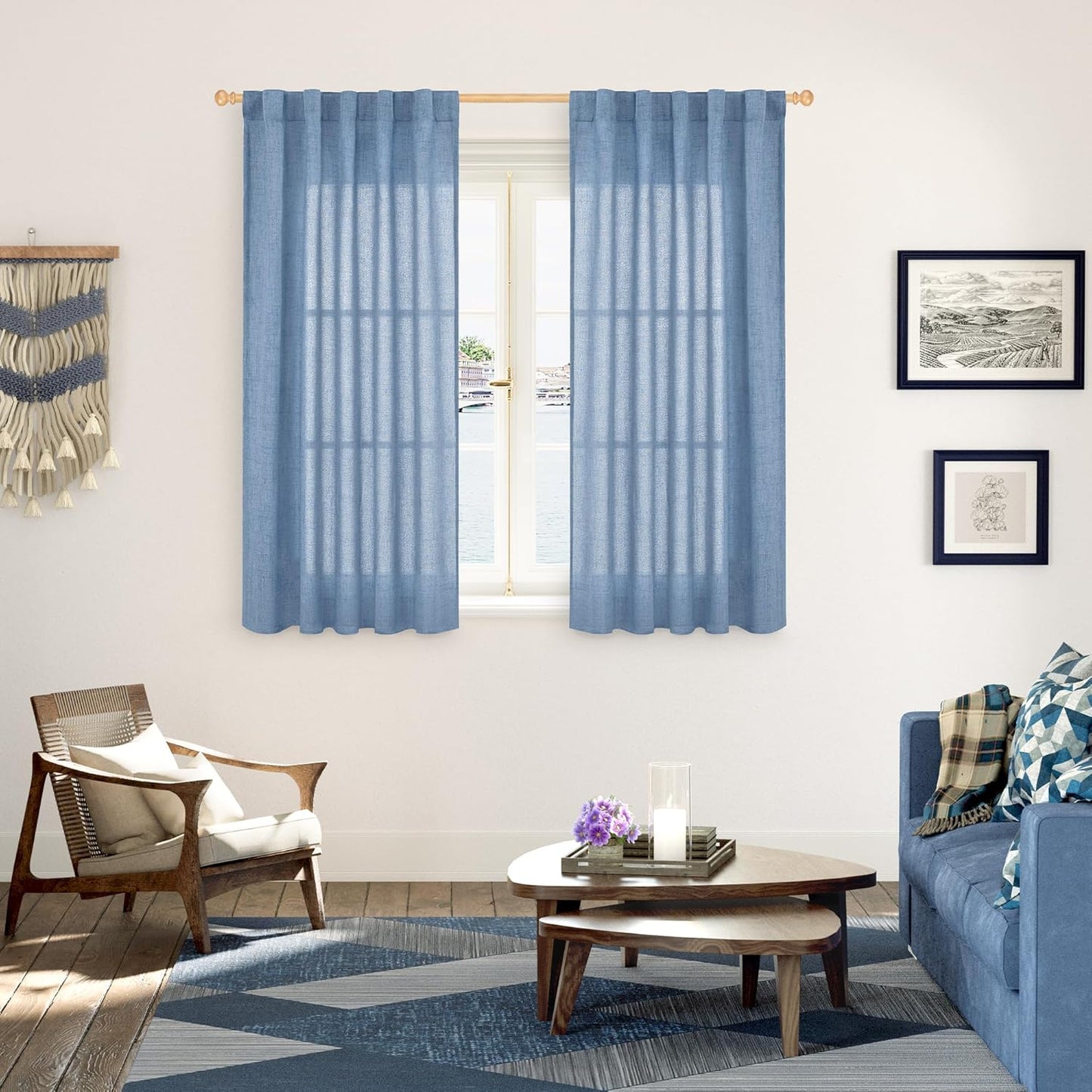 YoungsTex Denim Blue Linen Curtains 54 Inch Length for Short Windows, Semi Sheer Drapes Light