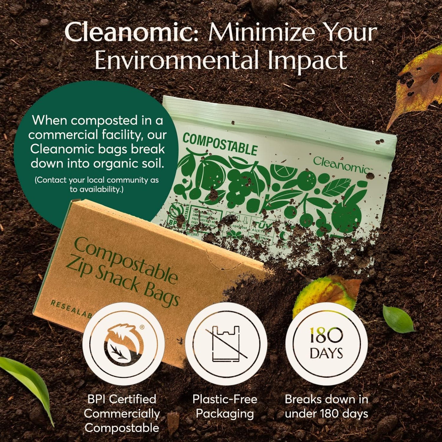 Cleanomic Compostable* Snack Size Food Storage Bags (50 Eco Zip) Freezer and Leak Proof, Also