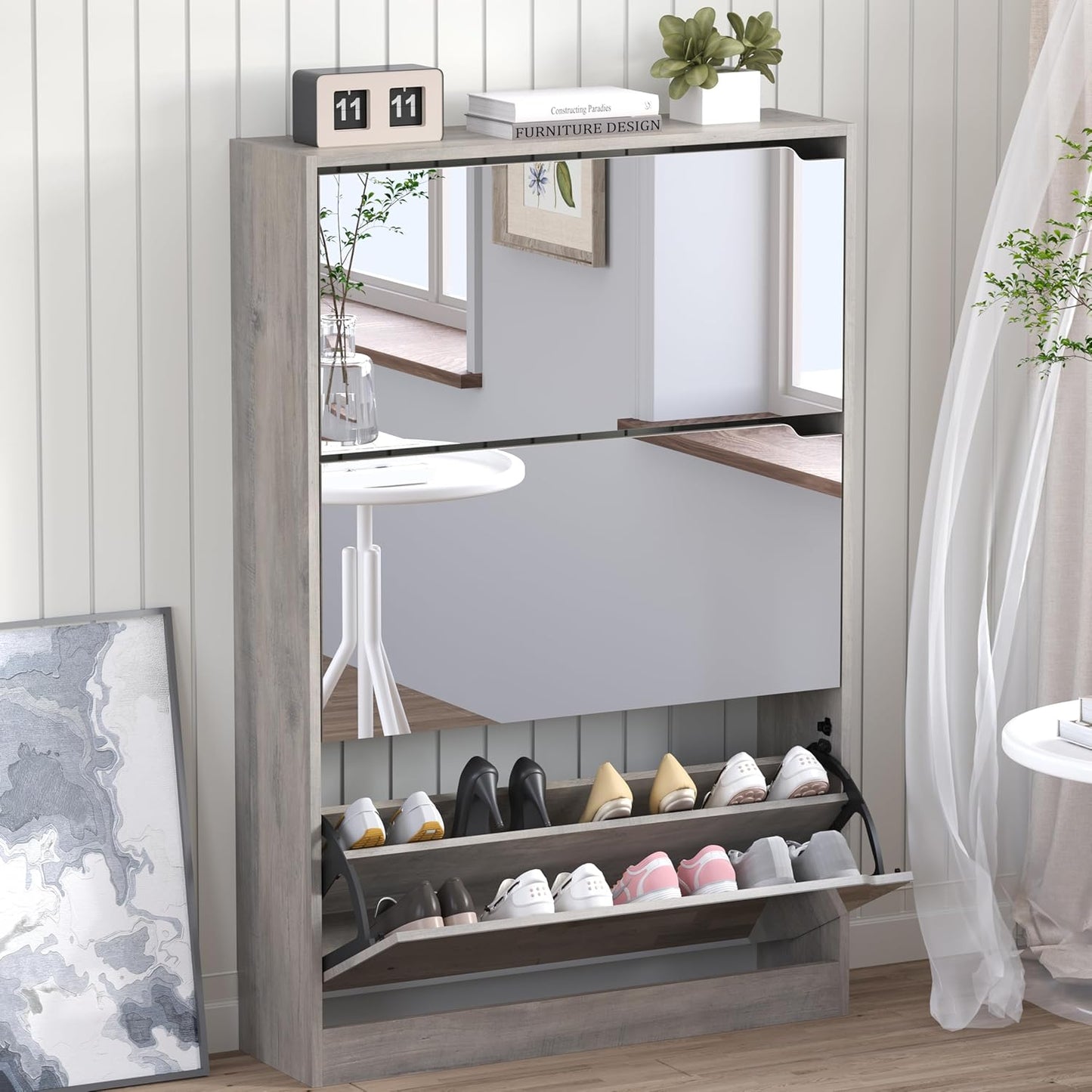 Shoe Cabinet with 3-Flip Mirror Drawers, Freestanding Shoe Rack Organizer with Hidden Handle, Slim
