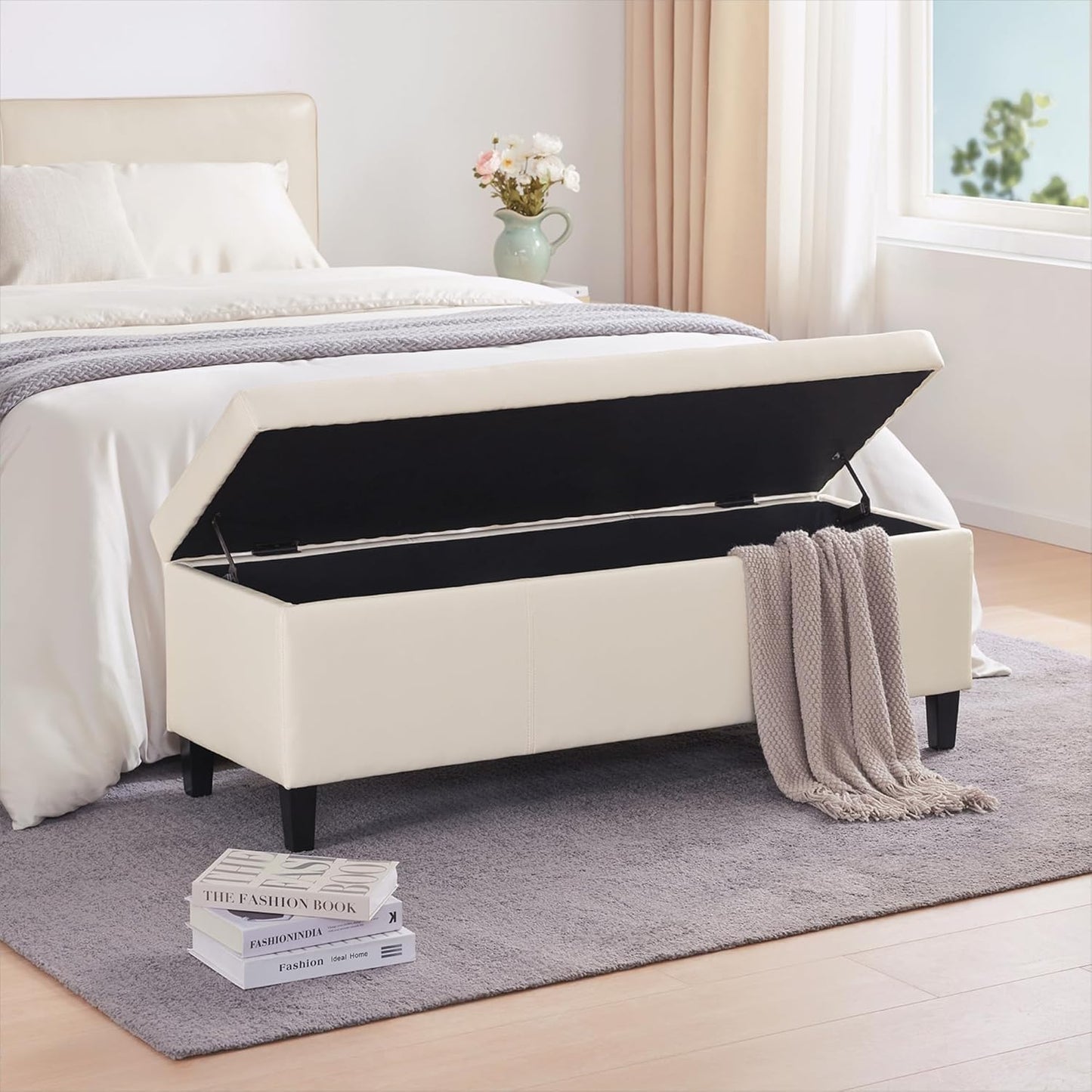 HUIMO Faux Leather Storage Ottoman Bench 50.3 inch Extra Long Upholstered Bedroom Bench with Large