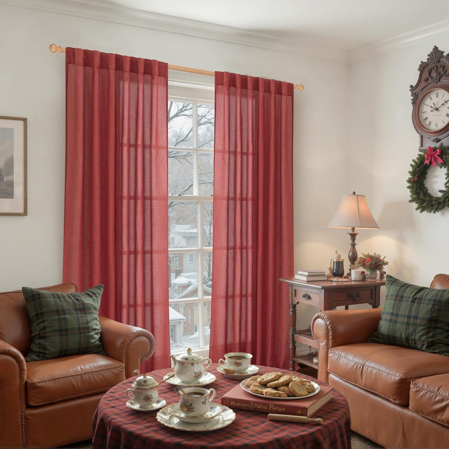 YoungsTex Red Linen Semi Sheer Curtains 84 Inch Length for Living Room 2 Panels Set, Christmas