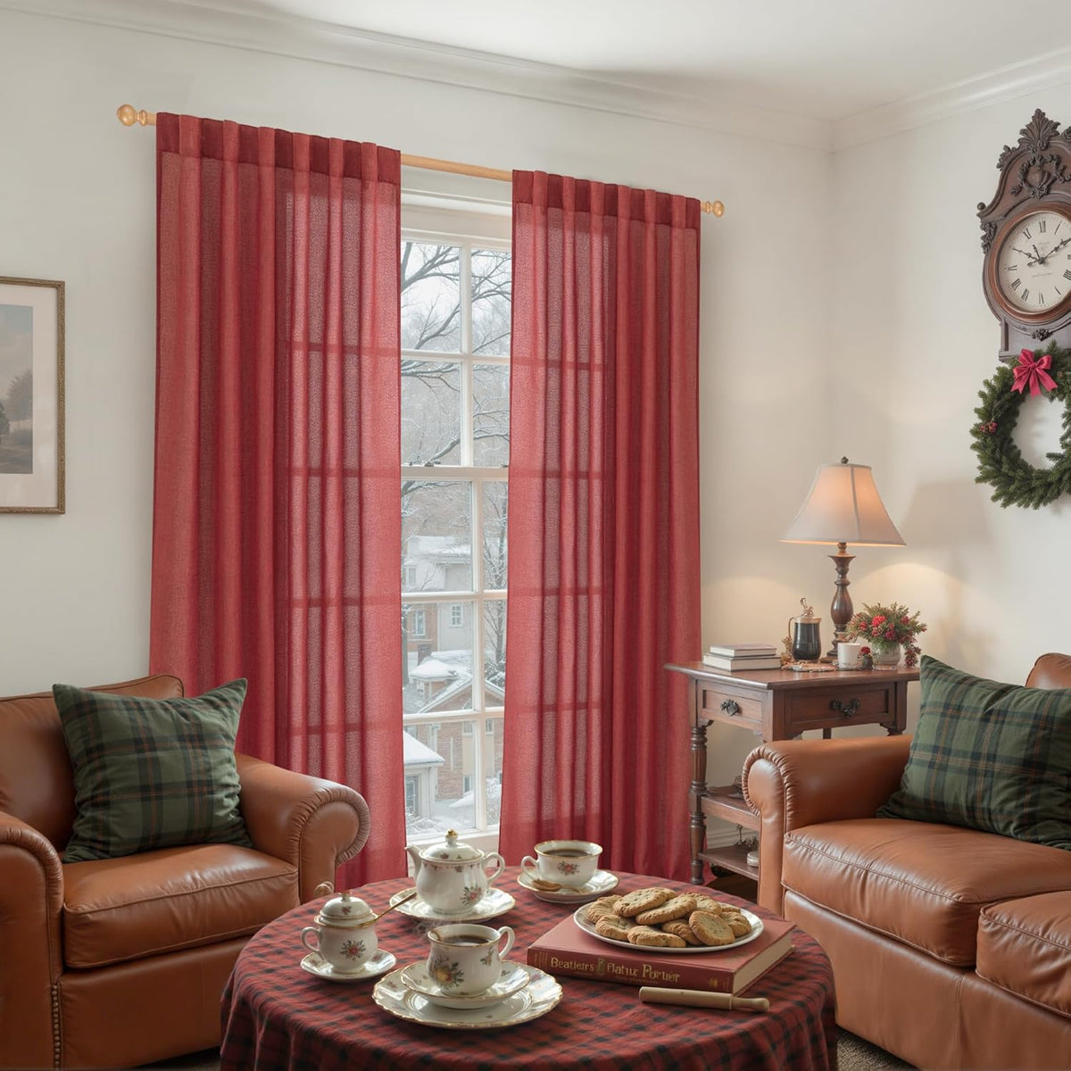 YoungsTex Red Linen Semi Sheer Curtains 84 Inch Length for Living Room 2 Panels Set, Christmas