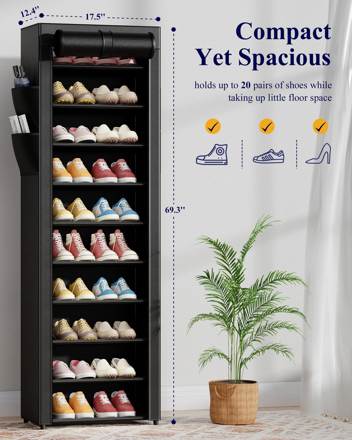 Kitsure 10-Tier Shoe Rack with Cover, Vertical Shelf, 17.5" Wide, Black