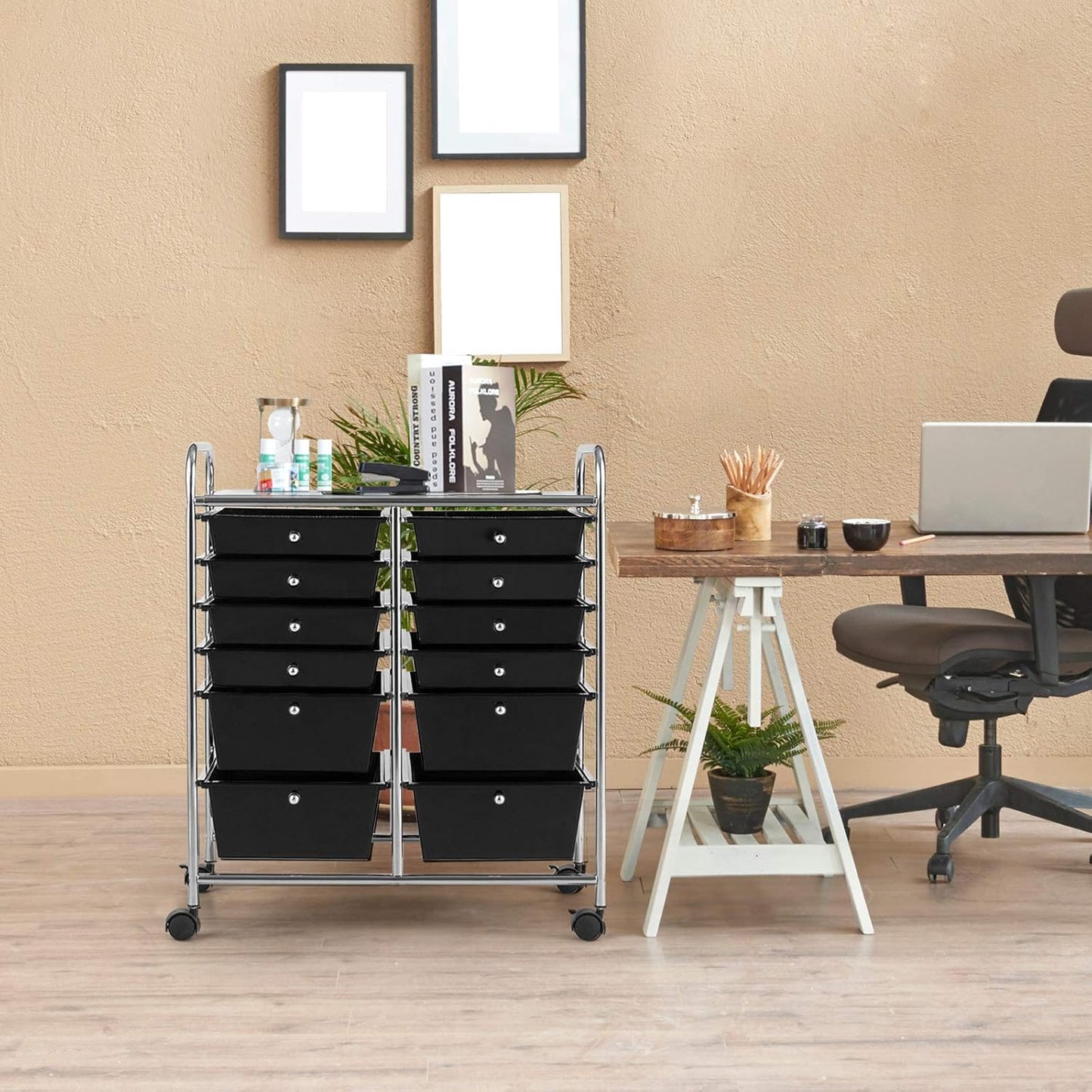 GOFLAME 12-Drawer Rolling Storage Cart, Multipurpose Organizer Cart with 2 Sizes Plastic Drawers