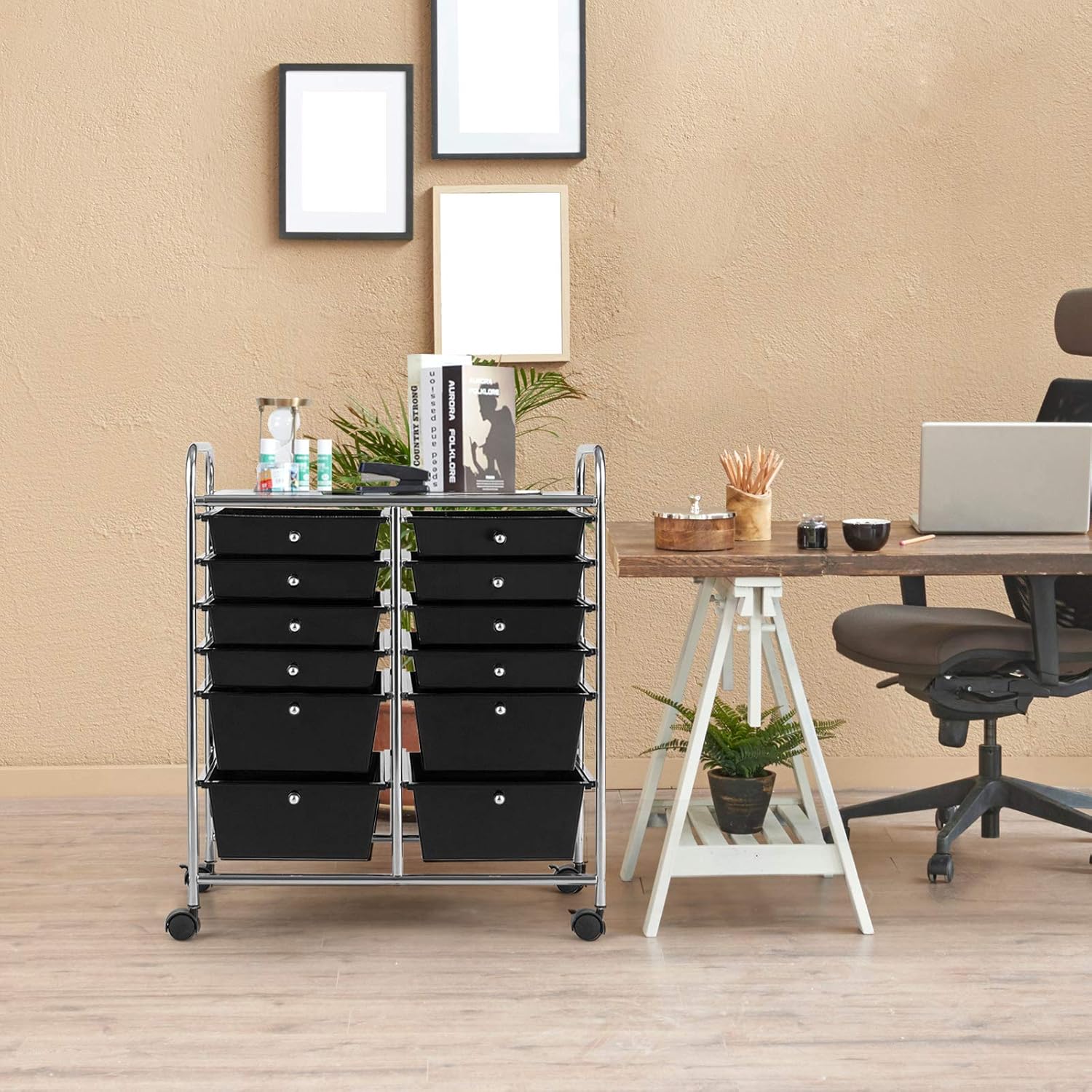 GOFLAME 12-Drawer Rolling Storage Cart, Multipurpose Organizer Cart with 2 Sizes Plastic Drawers
