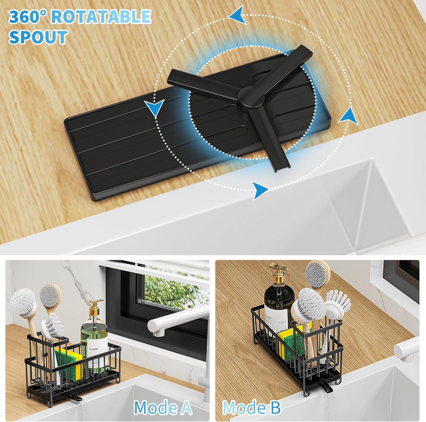 Cisily Black Sponge Holder for Kitchen Sink, Sink Caddy Organizer with High Brush Holder, Kitchen