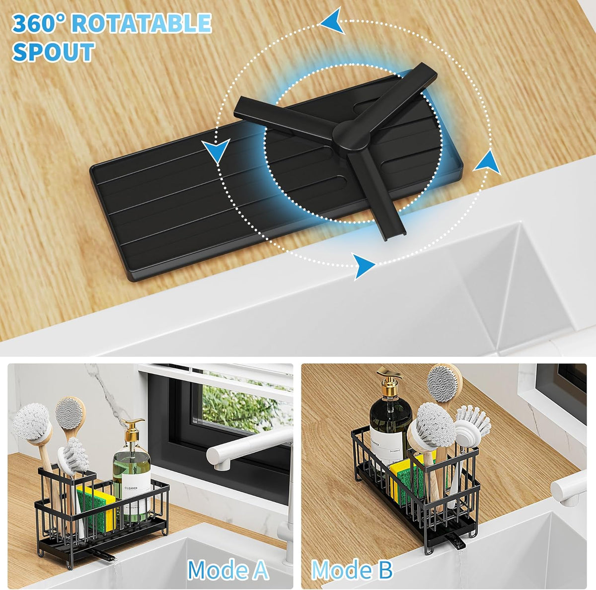 Cisily Black Sponge Holder for Kitchen Sink, Sink Caddy Organizer with High Brush Holder, Kitchen