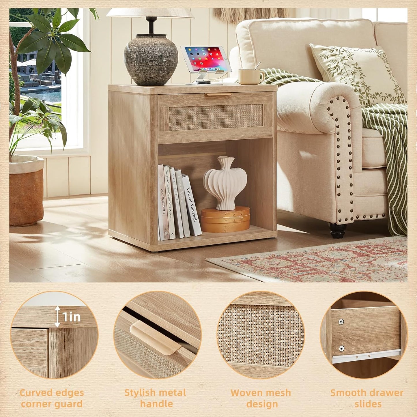 LEYAOYAO Rattan Nightstands Set of 2 with Charging Station, 23" Wide Boho Night Stand with Drawer