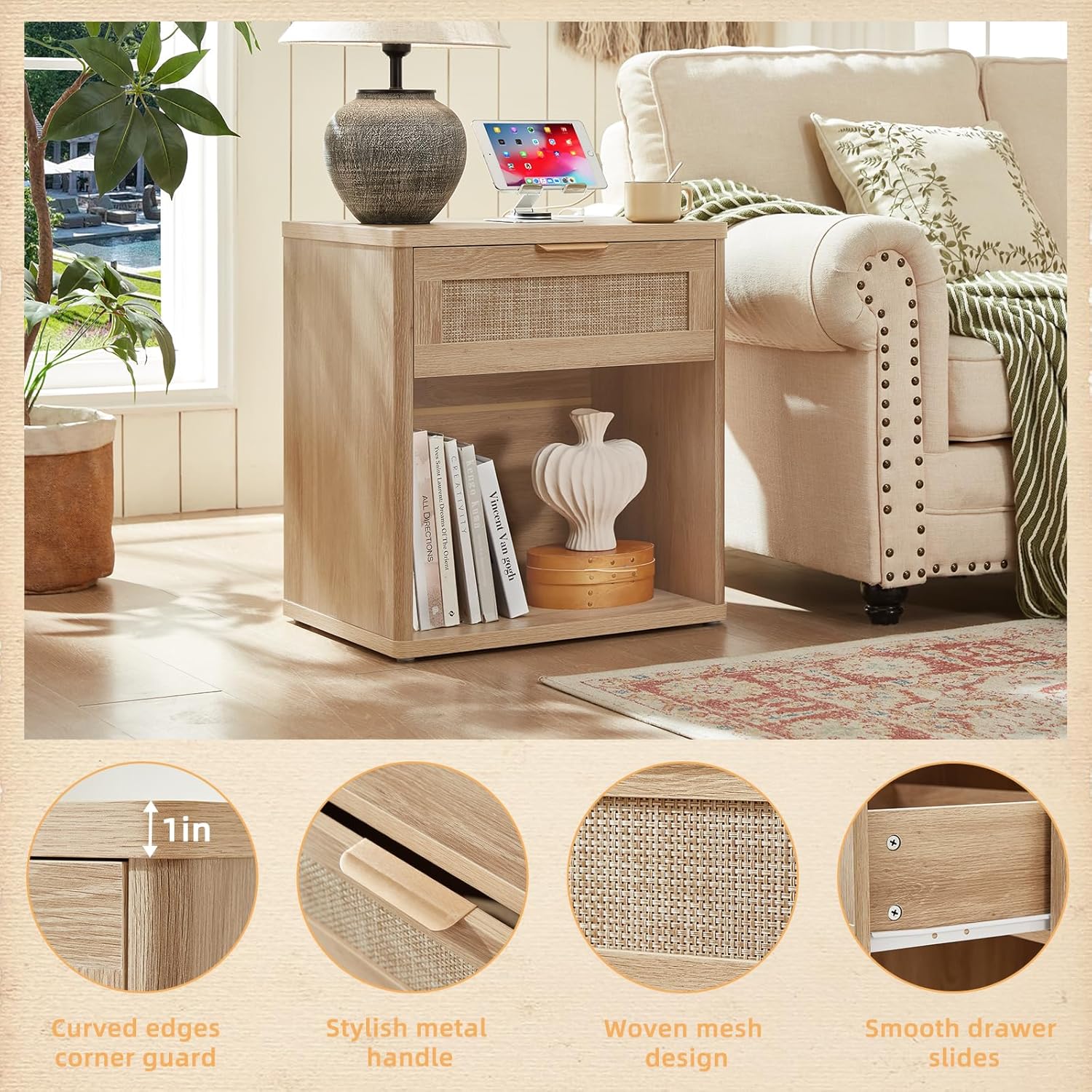 LEYAOYAO Rattan Nightstands Set of 2 with Charging Station, 23" Wide Boho Night Stand with Drawer